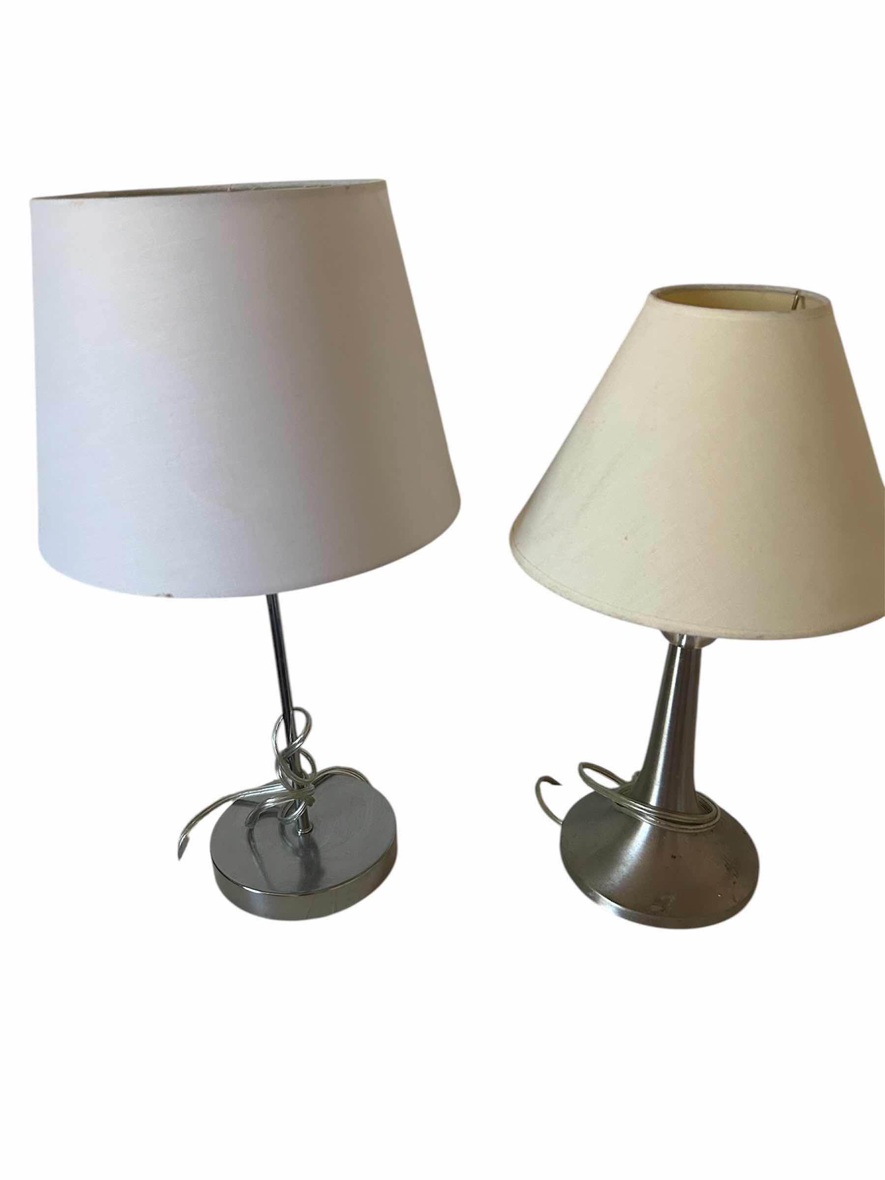 Photo 1 of 2- SILVER BASE TABLE LAMPS W SHADE H 18" 20"