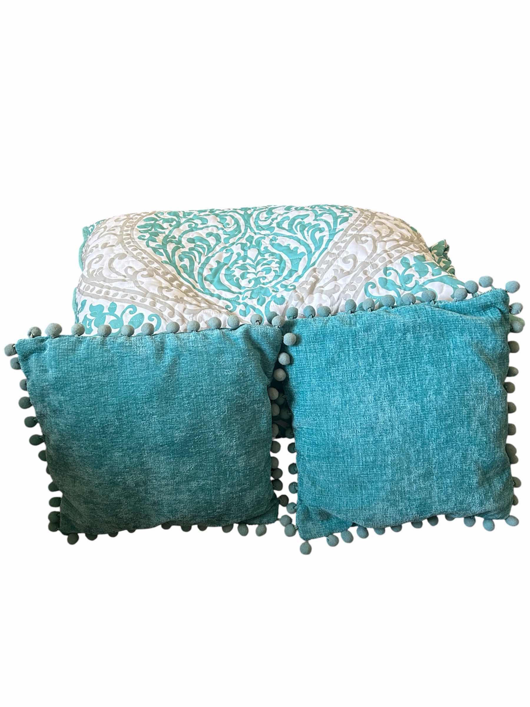 Photo 1 of SENNA TWIN COMFORTER 1 SHAM & 2 AQUA POM POM PILLOWS