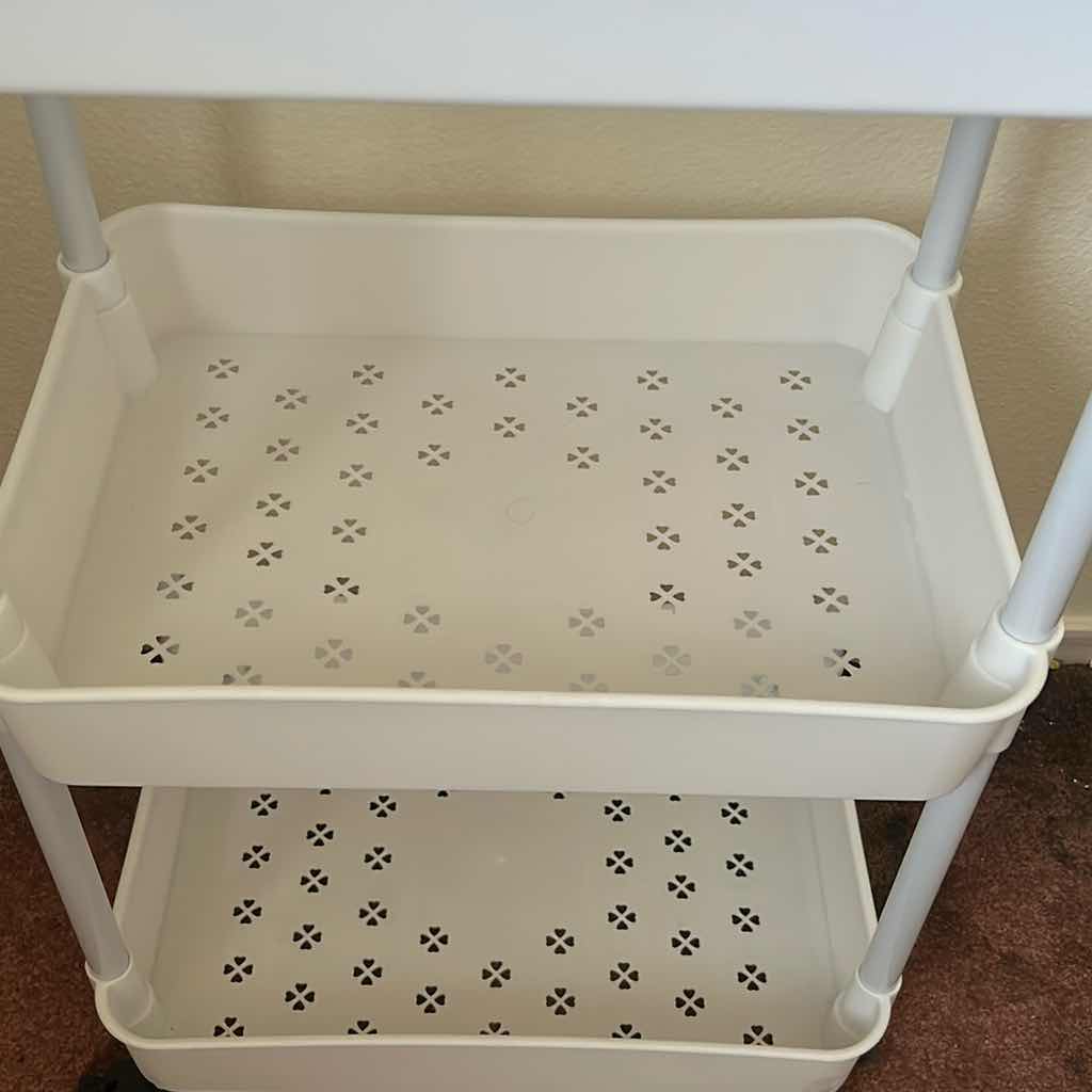 Photo 1 of 3 TIER WHITE PLASTIC UTILITY CART W WHEELS & HANDLES H 29"