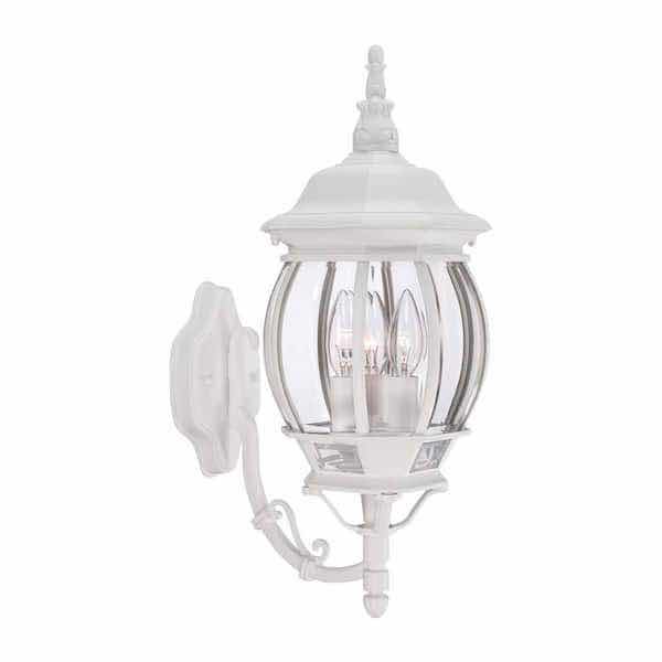 Photo 1 of HAMPTON BAY WHITE 3-LIGHT OUTDOOR WALL LAMP W CLEAR BEVELED GLASS SHADE 7.5” X 11” H20.25”