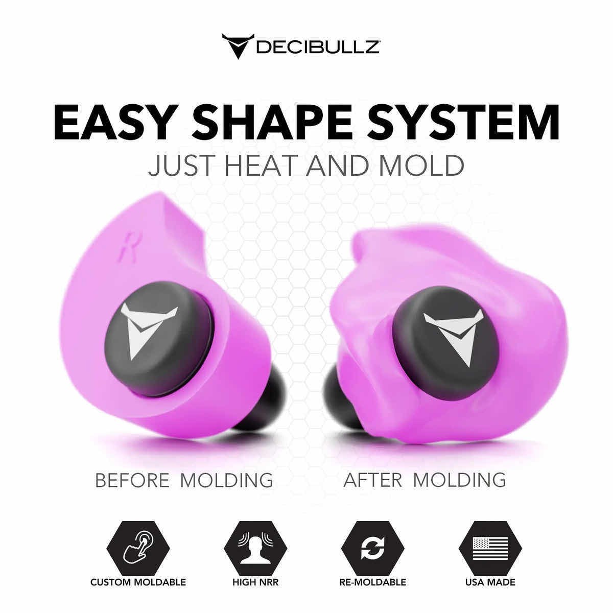 Photo 2 of DECIBULLZ CUSTOM MOLDED EARPLUGS 31dB, HEAT & SHAPE (NRR31, PINK)