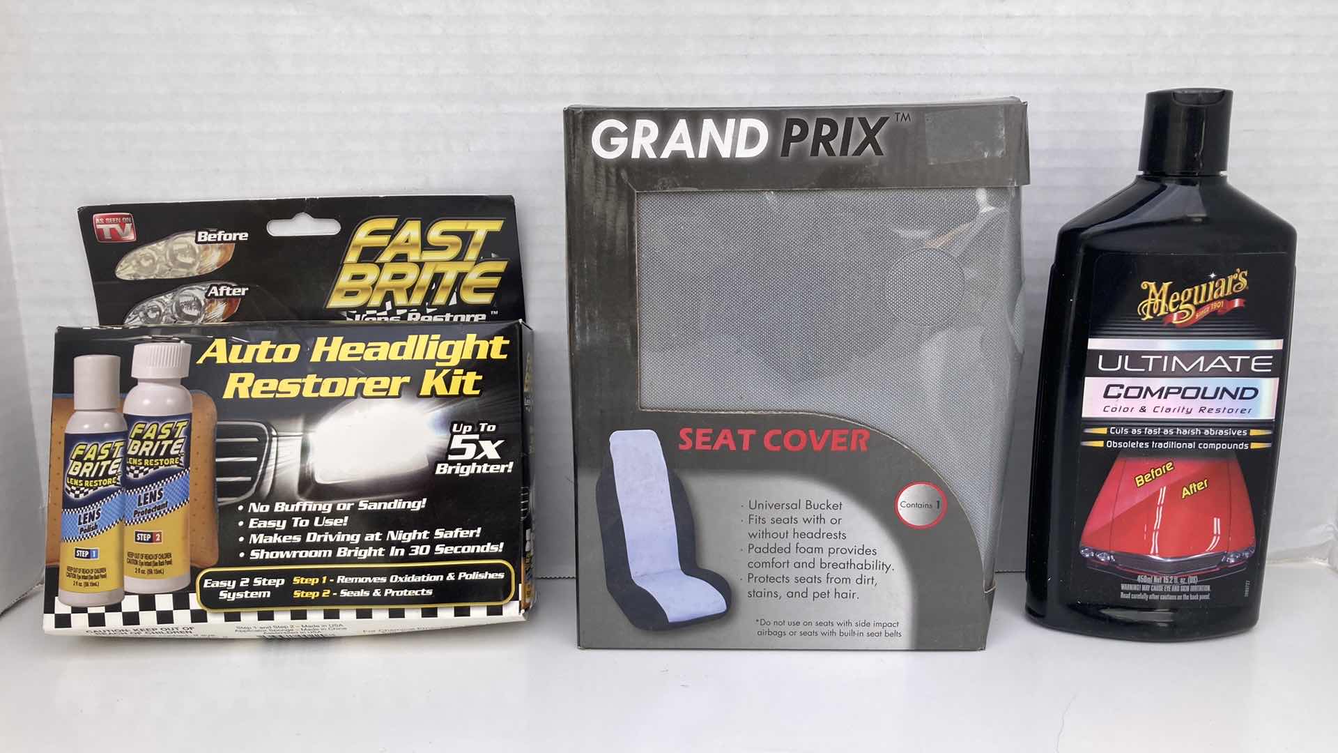 Photo 1 of FAST BRITE LENS RESTORE, GRAND PRIX GREY UNIVERSAL CAR SEAT COVER & MEGUIAR’S ULTIMATE COMPOUND