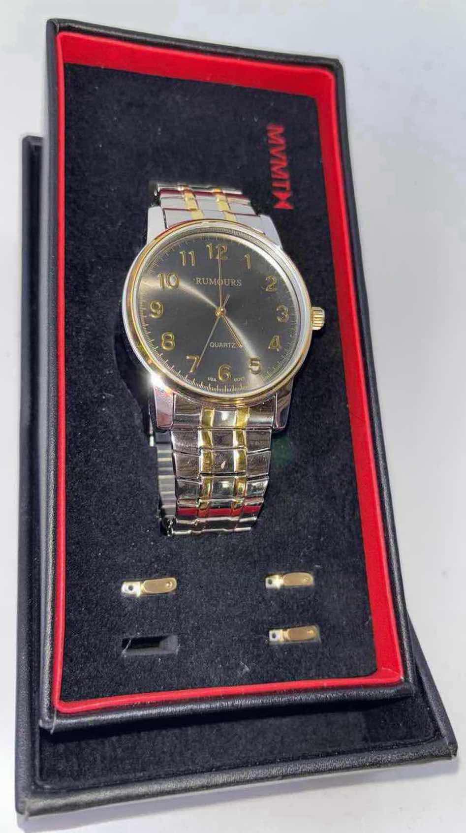 Photo 1 of RUMOURS QUARTZ TWO-TONE WATCH W STAINLESS STEEL BACK, IN CASE W EXTRA LINKS (32124 104)