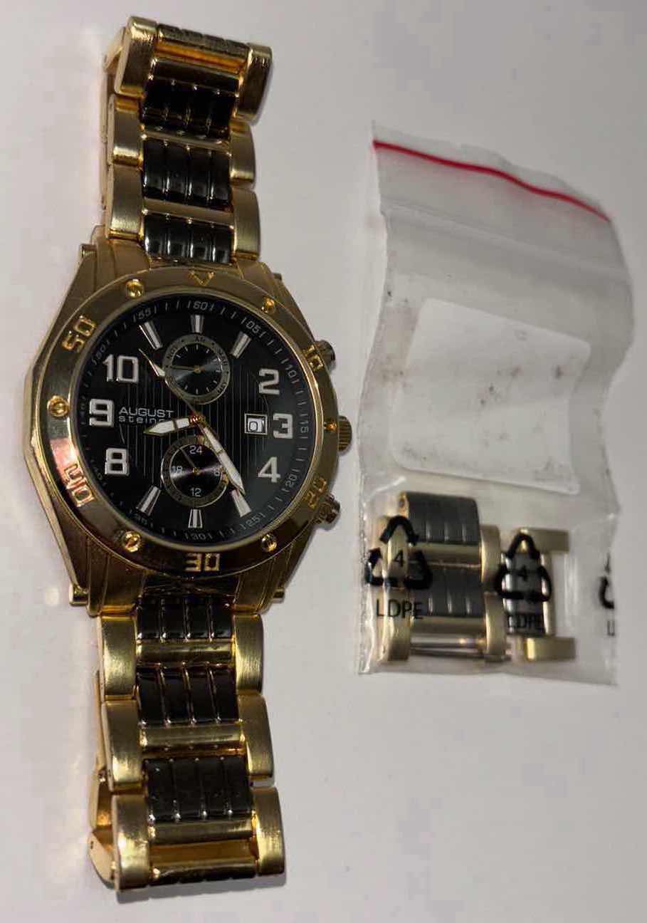 Photo 1 of AUGUST STEINER SWISS QUARTZ WATER RESISTANT WATCH W STAINLESS STEEL BACK W EXTRA LINKS/TOOLS (AS8070YG)