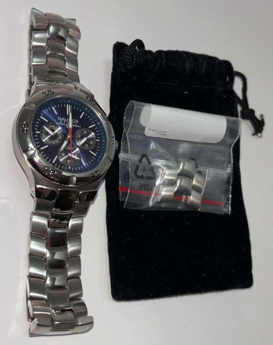 Photo 2 of NAUTICAL MULTIFUNCTION BLUE FACE, WATER RESISTANT 100M, STAINLESS STEEL BACK WATCH INCLUDES EXTRA LINK/TOOL & VELOUR BAG(10061G)