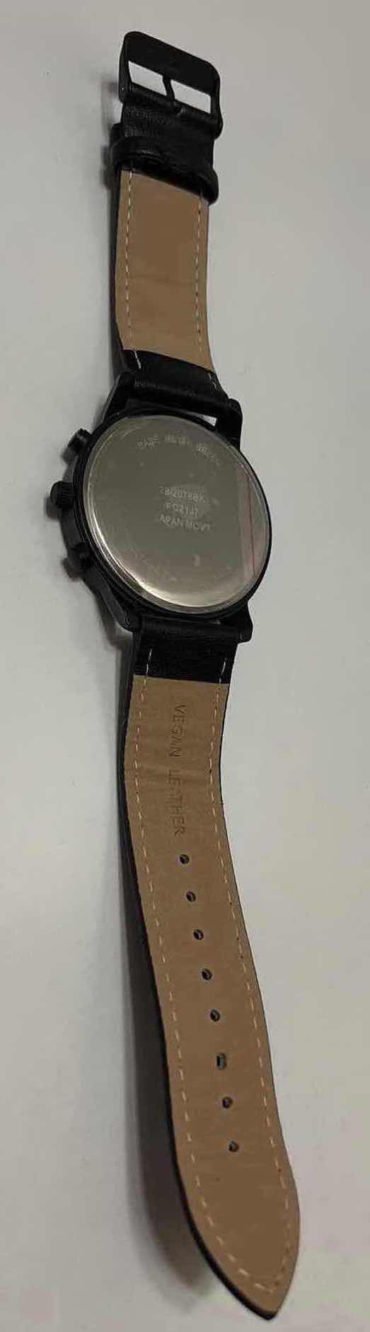 Photo 3 of MENS WATCH W GRAY FACE & GOLD ACCENT HANDS, VEGAN BLACK LEATHER BAND