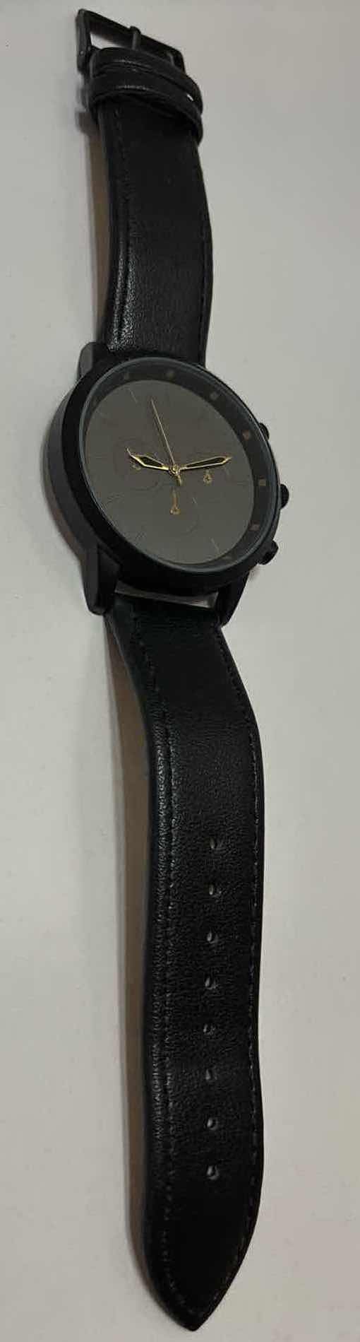 Photo 1 of MENS WATCH W GRAY FACE & GOLD ACCENT HANDS, VEGAN BLACK LEATHER BAND