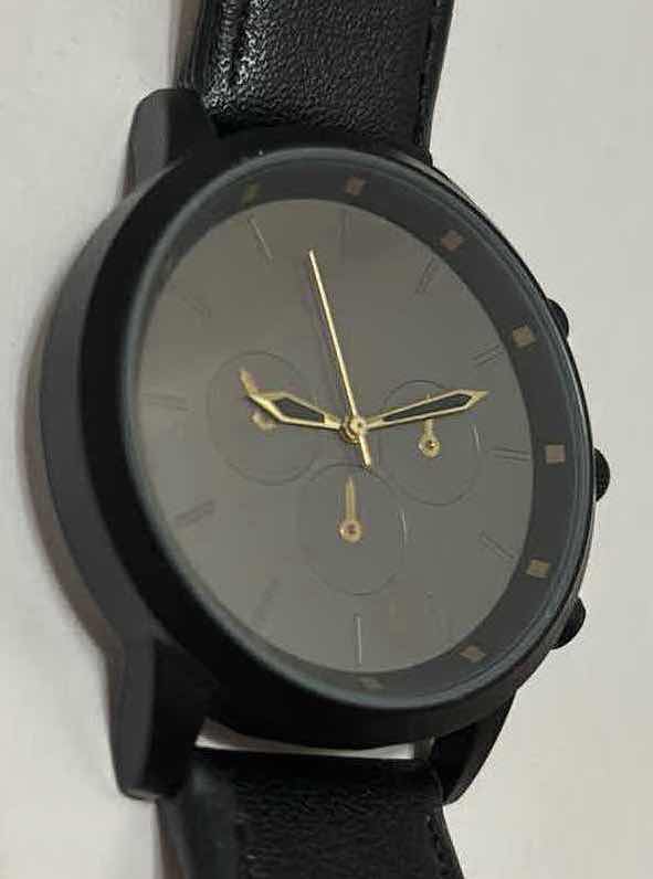 Photo 2 of MENS WATCH W GRAY FACE & GOLD ACCENT HANDS, VEGAN BLACK LEATHER BAND