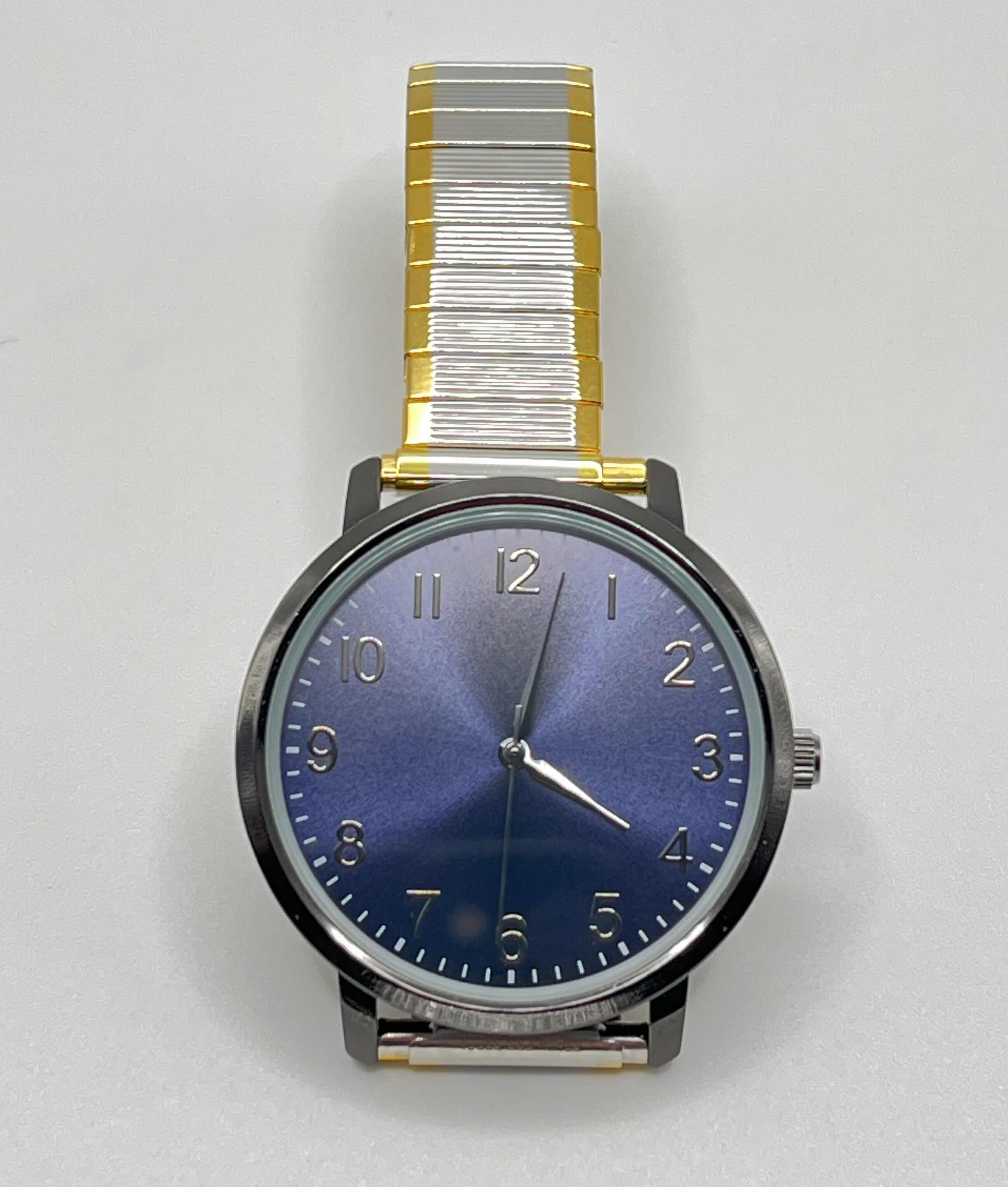 Photo 1 of GEORGE GUNMETAL CASE BLUE DIAL W SILVER & GOLD FINISH STAINLESS STEEL ELASTIC BAND MENS WATCH SIZE S-M MODEL FMDOGE019