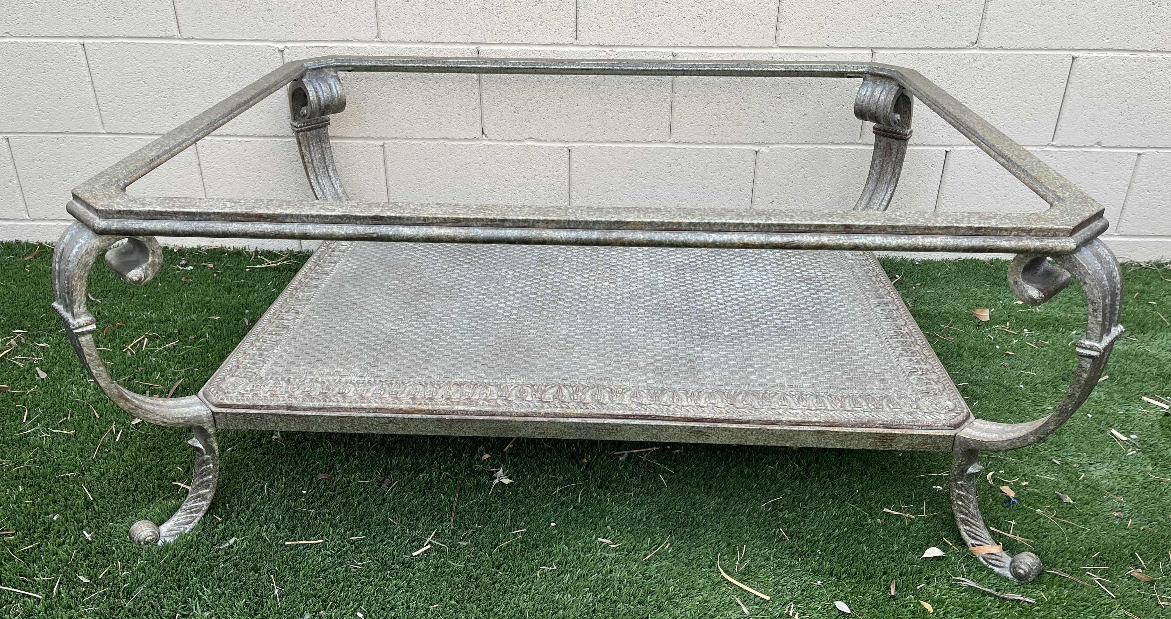 Photo 1 of AGED SILVER PLATED STYLE GLASS TOP COFFEE TABLE 49” X 36.5” H19.75” (READ NOTES)