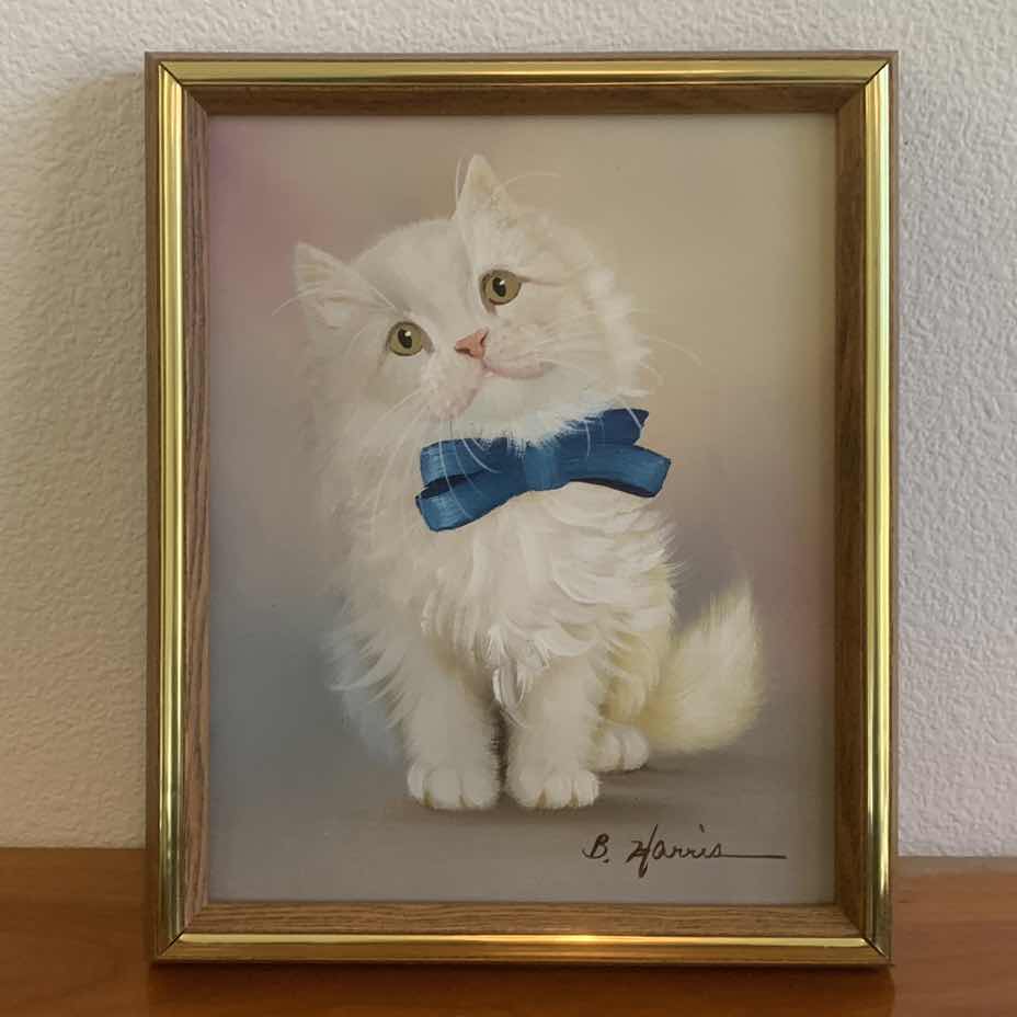 Photo 1 of WHITE CAT WITH BOW TIE OIL PAINTING ON CANVAS SIGNED BY ARTIST 4" X 6"