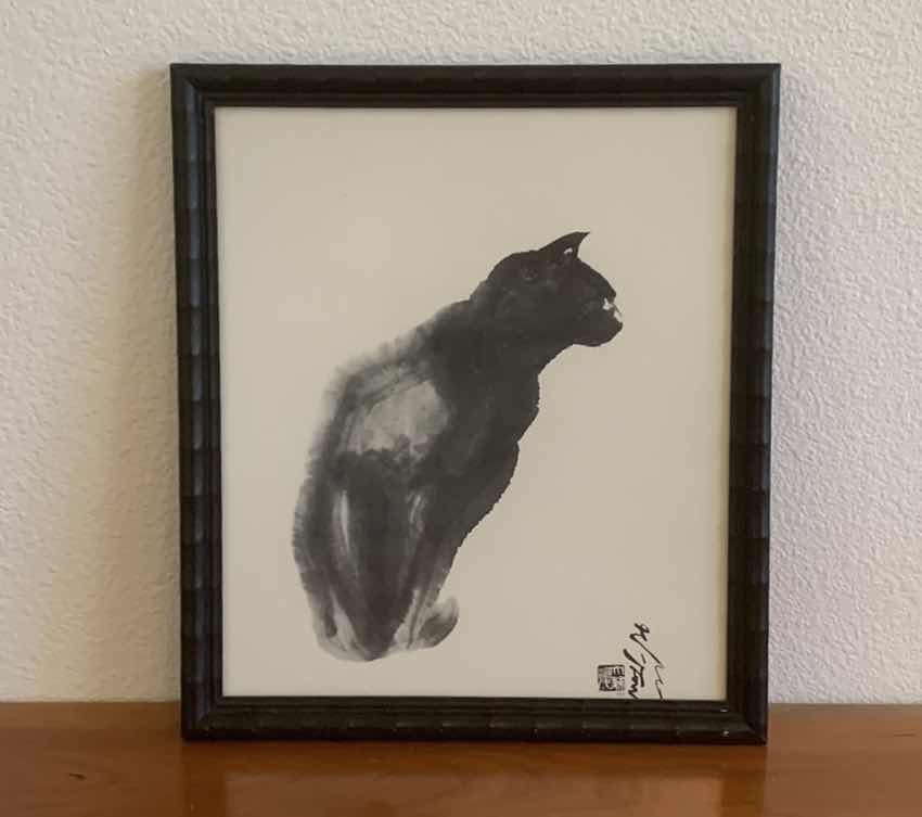 Photo 1 of BLACK CAT SILHOUETTE WATER COLOR SIGNED BY ASIAN ARTIST 
10” X 12”