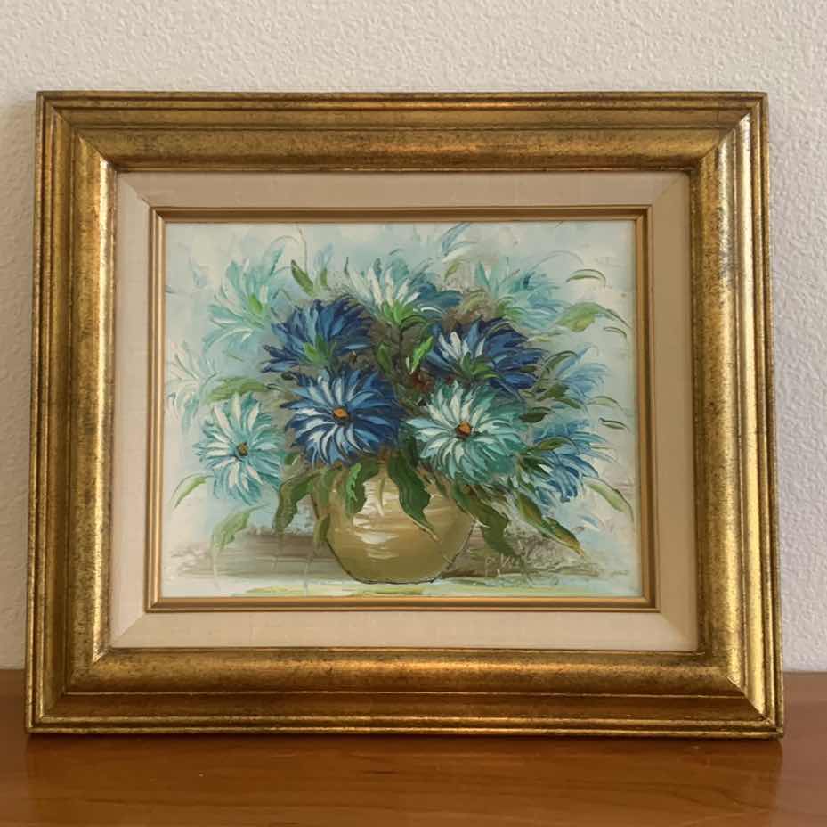 Photo 1 of BLUE AND GREEN FLORAL OIL PAINTING 15” X 13”