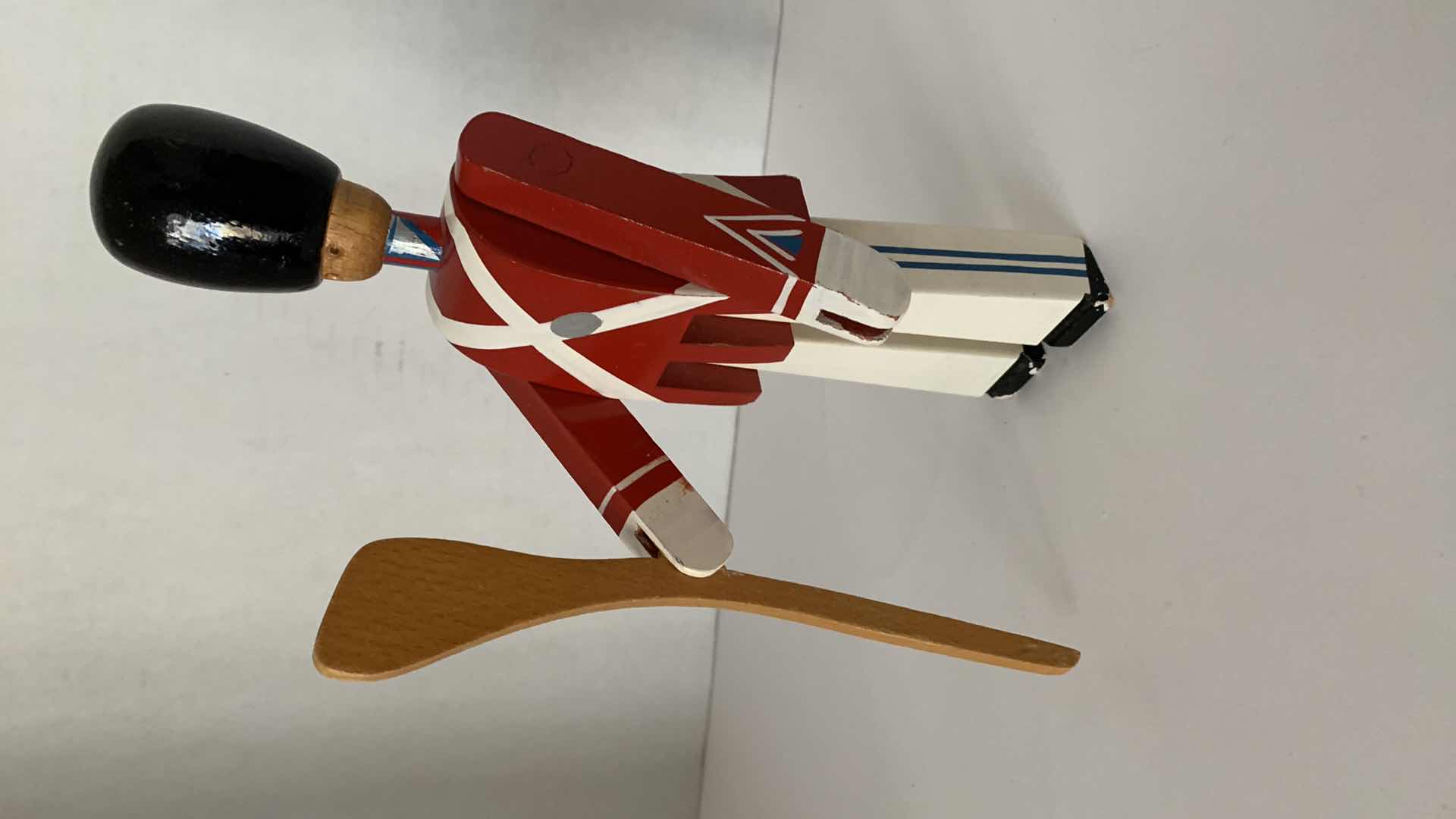 Photo 2 of VINTAGE KAY BOJESEN DENMARK RED AND WHITE WOODEN TOY SOLIDER WITH RIFLE 8.5” TALL