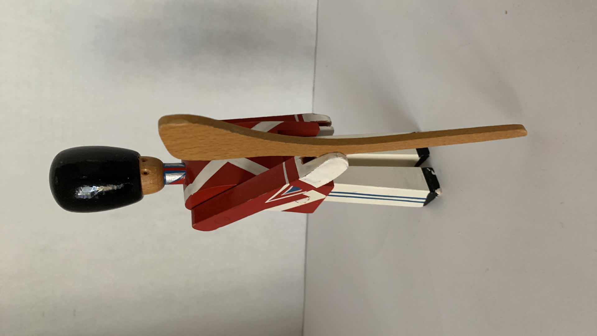 Photo 1 of VINTAGE KAY BOJESEN DENMARK RED AND WHITE WOODEN TOY SOLIDER WITH RIFLE 8.5” TALL