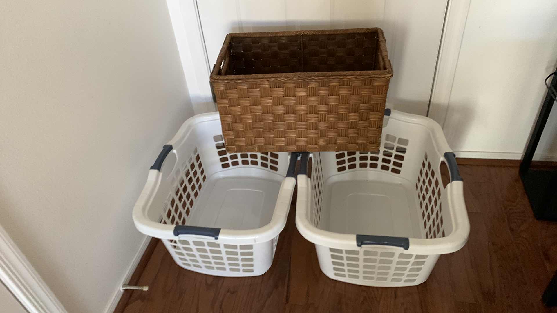 Photo 1 of 2-PLASTIC LAUNDRY BASKETS AND A WOVEN BASKET