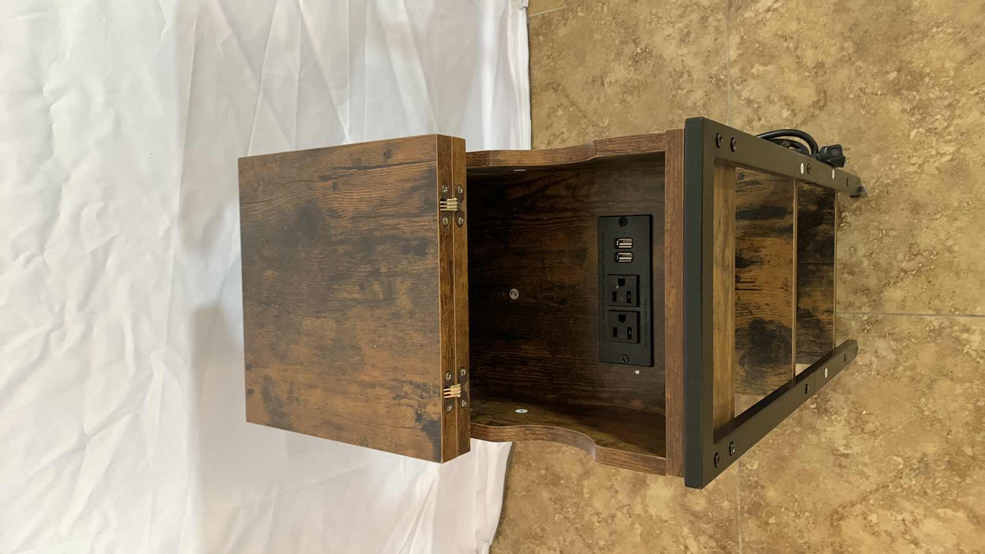 Photo 2 of NARROW METAL AND WOOD END TABLE WITH USB CHARGING STATION AND ELECTRICAL OUTLETS 19” X 10” H 26”