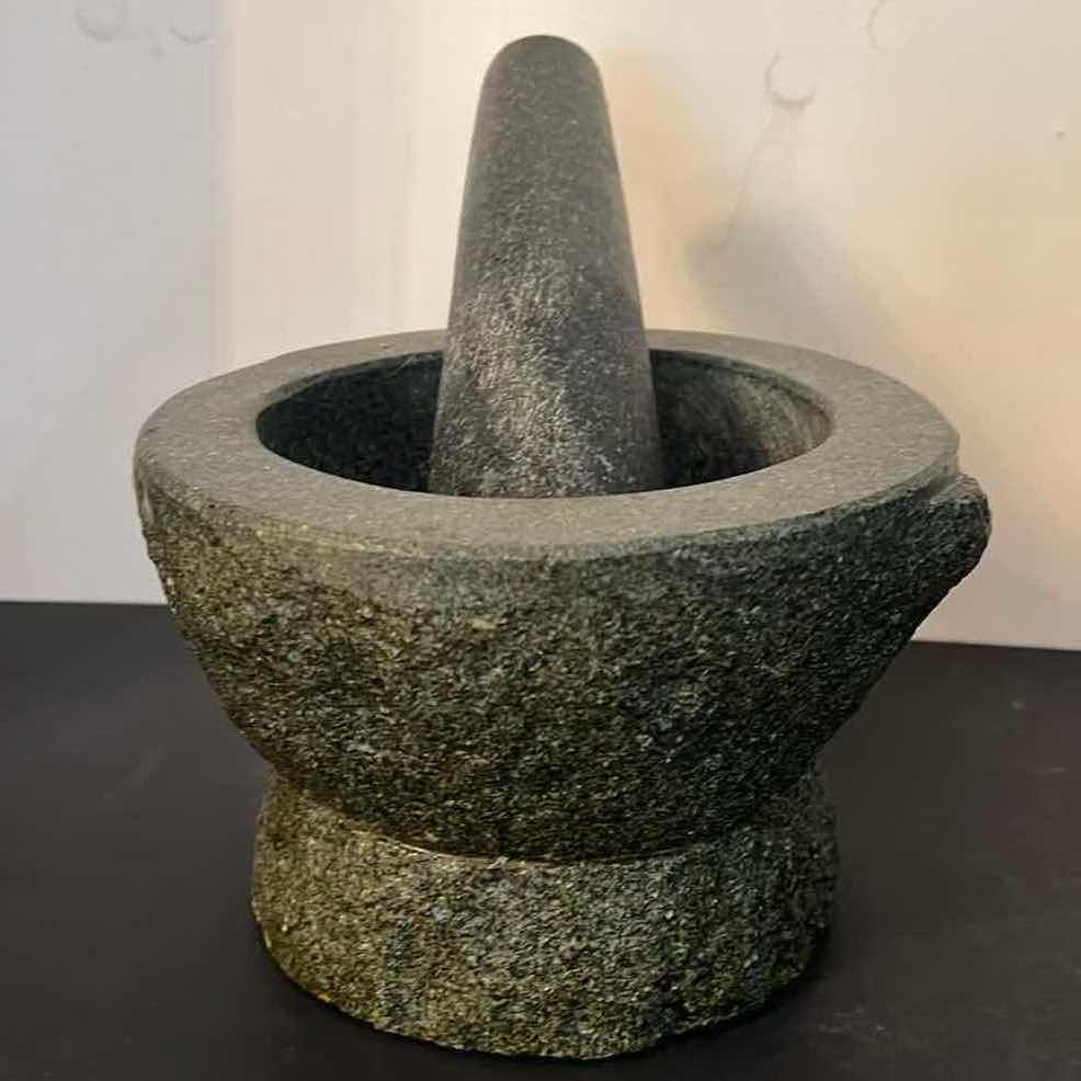 Photo 1 of AUTHENTIC VINTAGE 1960’S STONE MOLCAJETE MORTAR AND PESTLE. 7” X 7”.