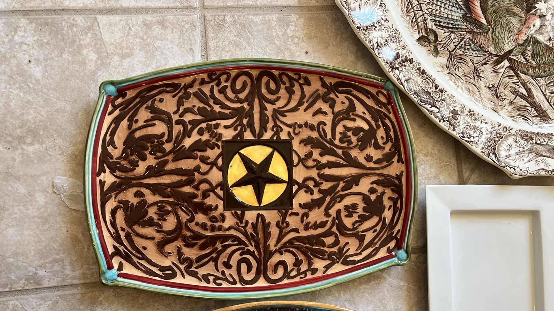 Photo 1 of 4-LARGE CERAMIC PLATTERS.  LARGEST TURKEY PLATTER IS 18”.