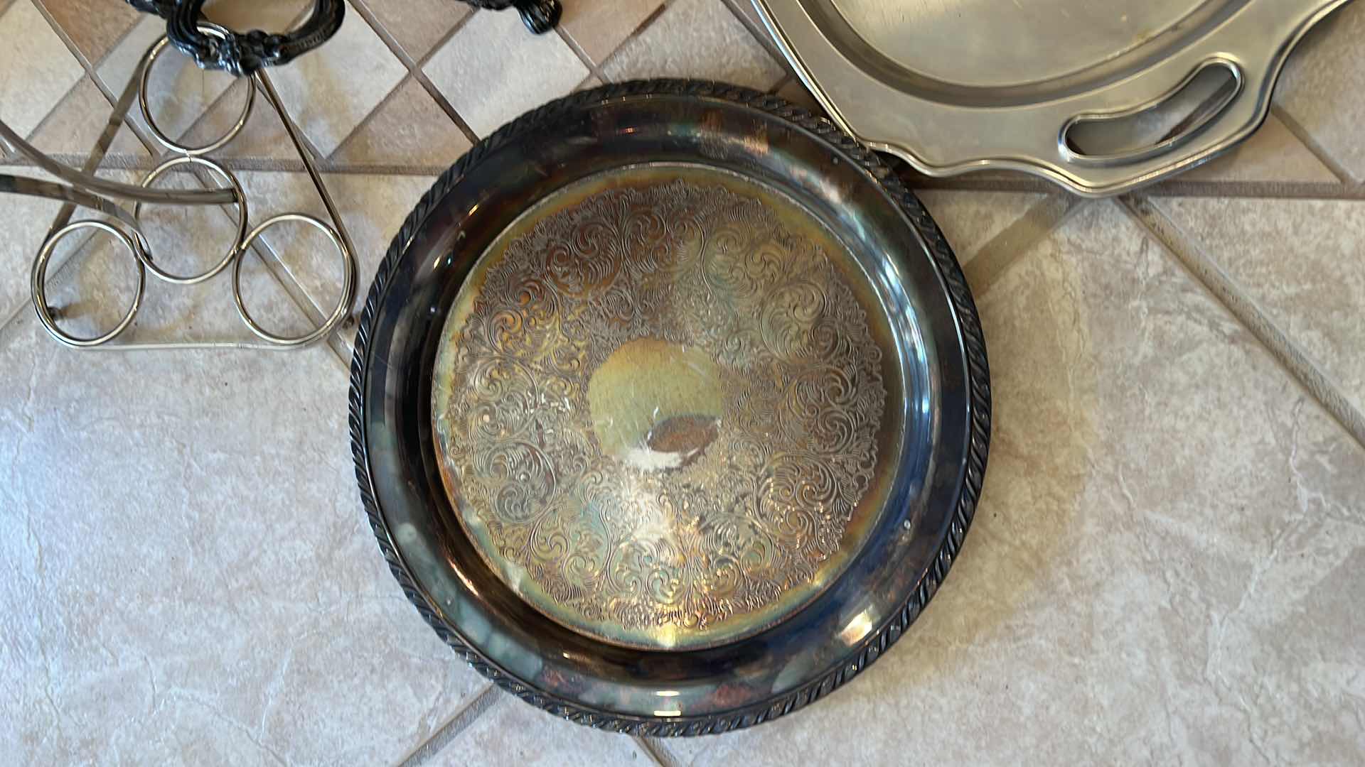 Photo 1 of ASSORTED SERVING TRAYS AND SILVER PLATED CHAFFING DISH HOLDER
