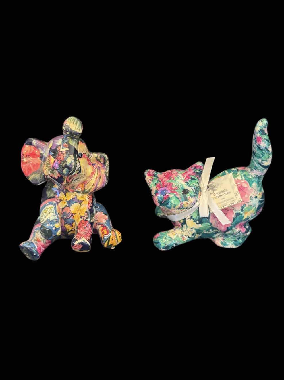 Photo 1 of 2- VINTAGE PORCELAIN PATCHWORKS FROM JOAN BARKER DESIGNS, HOME DECOR, HOME ESSENTIALS 

ELEPHANT 
5” X H6.5”

CAT
6” X H6.5”