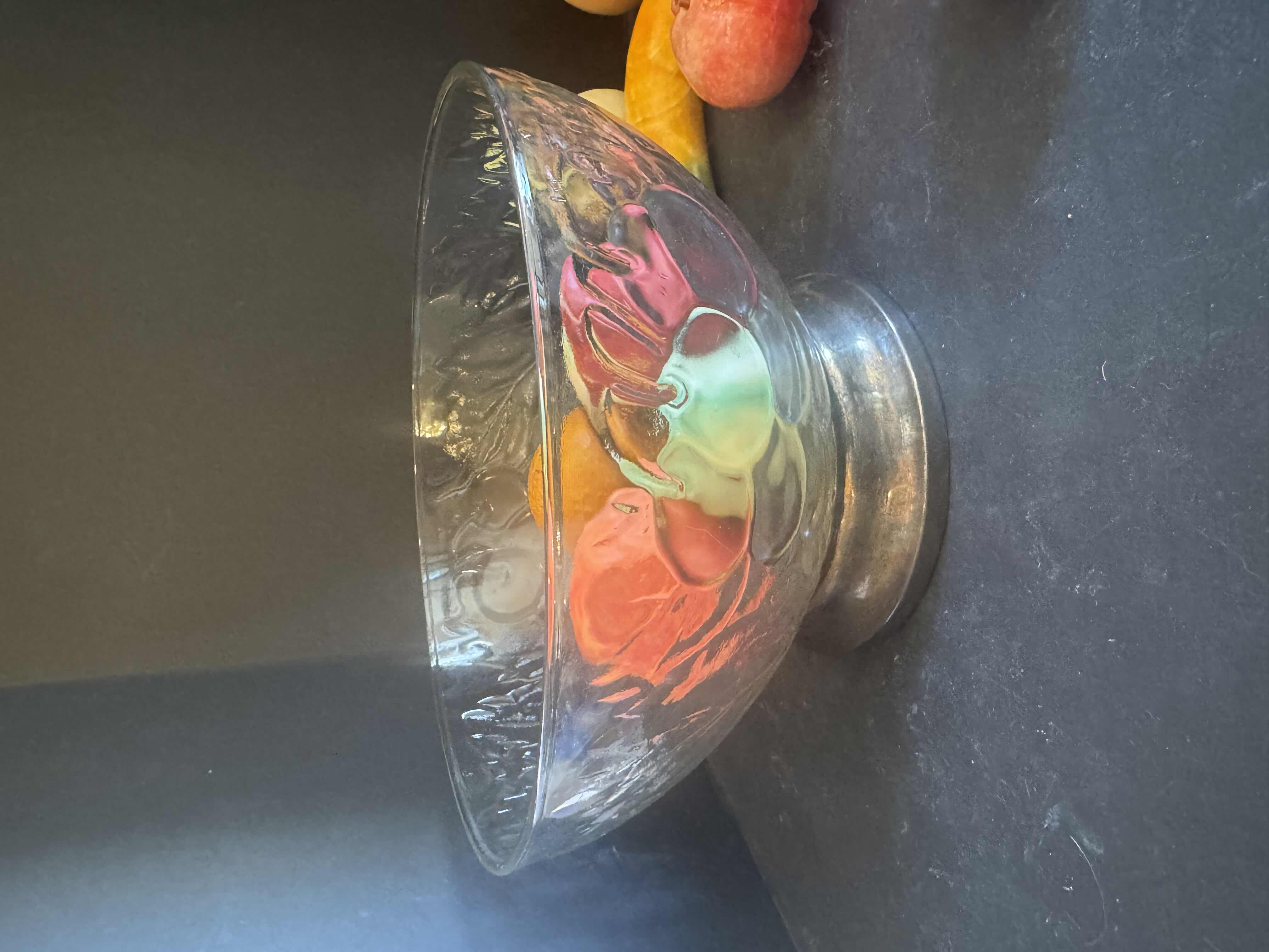 Photo 1 of VINTAGE CRYSTAL FRUIT BOWL WITH SILVER BASE AND ASSORTED CRYSTAL GEMSTONE FRUIT
D10” X H6”