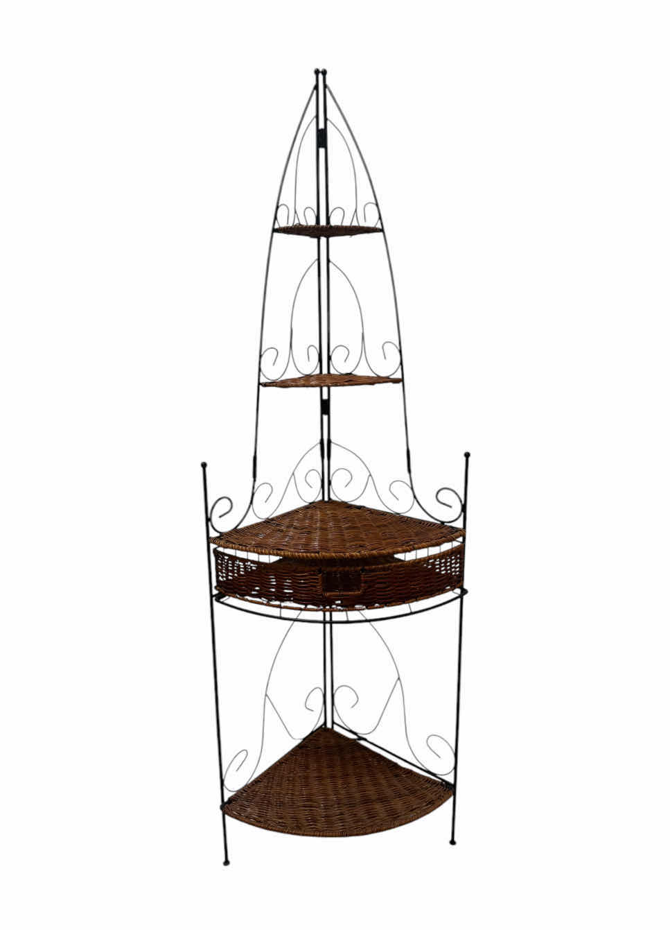 Photo 1 of CORNER RATTAN METAL WOVEN STORAGE, 4 TIER STORAGE WITH DRAWER

18” X 13” X H54”