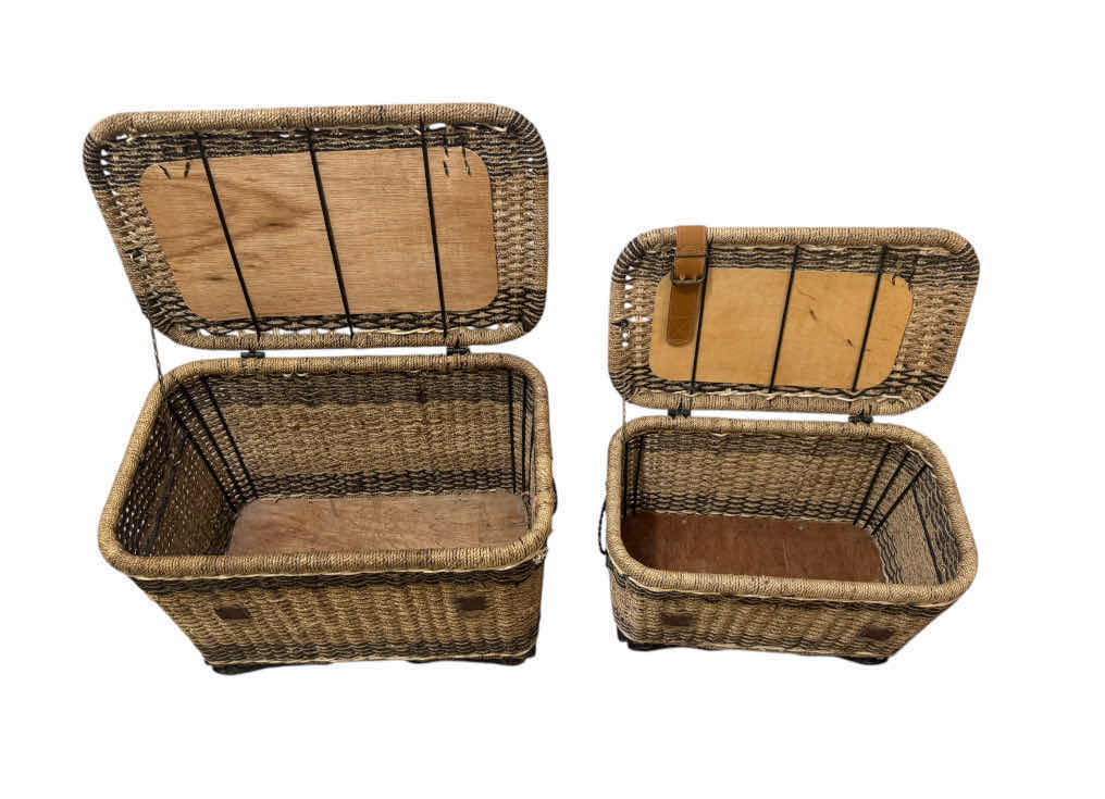 Photo 1 of VINTAGE FRENCH WICKER STORAGE HAMPER BASKETS
24” X 15” X H16.5”
20” X 12” X H12.5”