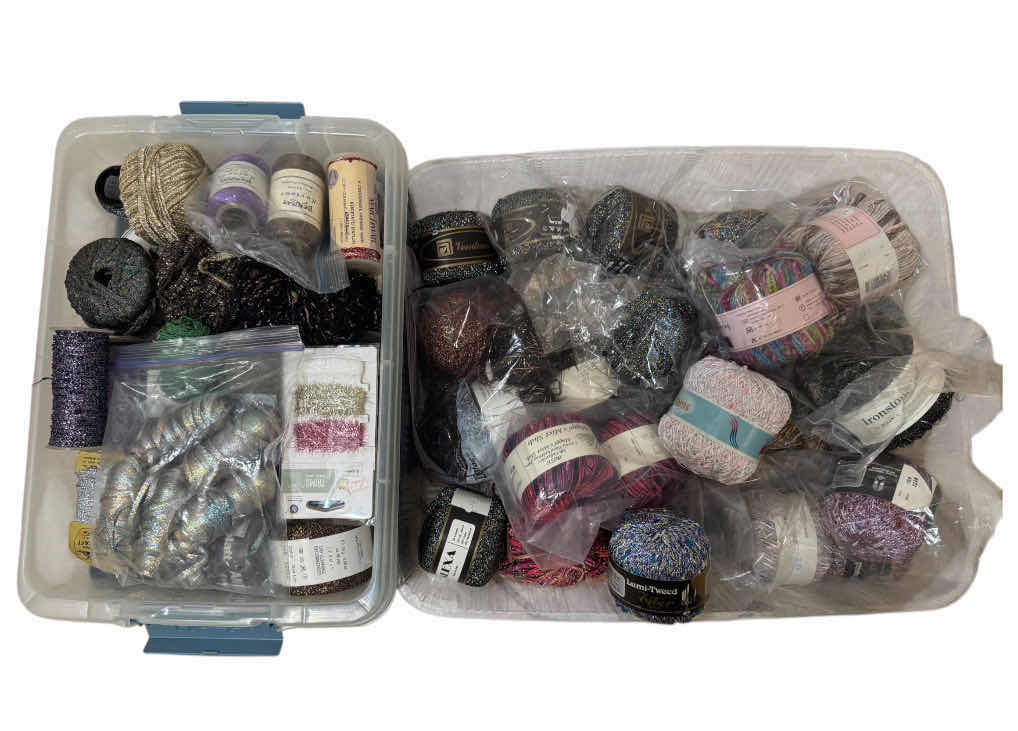 Photo 1 of TOTES OF ASSORTED LUXURY HAND KNITTING YARN, FINE YARN, TRIMS, METALLIC YARD, MEMORY THREAD