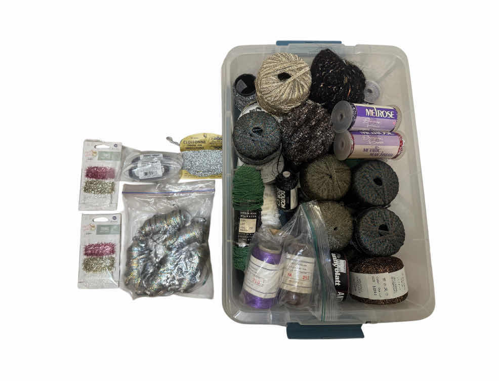 Photo 1 of TOTES OF ASSORTED LUXURY HAND KNITTING YARN, FINE YARN, TRIMS, METALLIC YARD, MEMORY THREAD