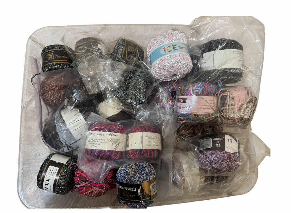 Photo 1 of TOTES OF ASSORTED LUXURY HAND KNITTING YARN, FINE YARN, TRIMS, METALLIC YARD, MEMORY THREAD