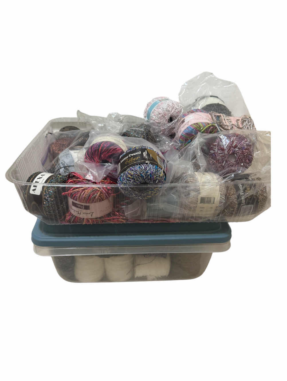 Photo 1 of TOTES OF ASSORTED LUXURY HAND KNITTING YARN, FINE YARN, TRIMS, METALLIC YARD, MEMORY THREAD