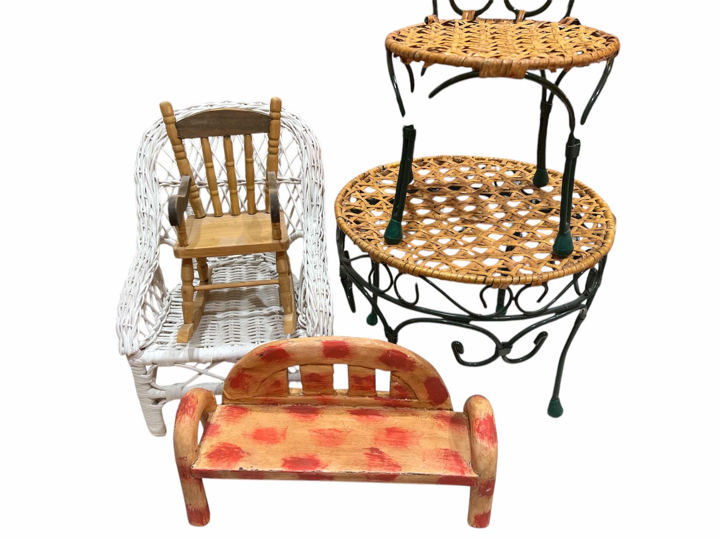 Photo 1 of DOLL FURNITURE - WICKER, WIRE, WOOD - 5 PIECES - TABLE 8”H x 10” DIAM.