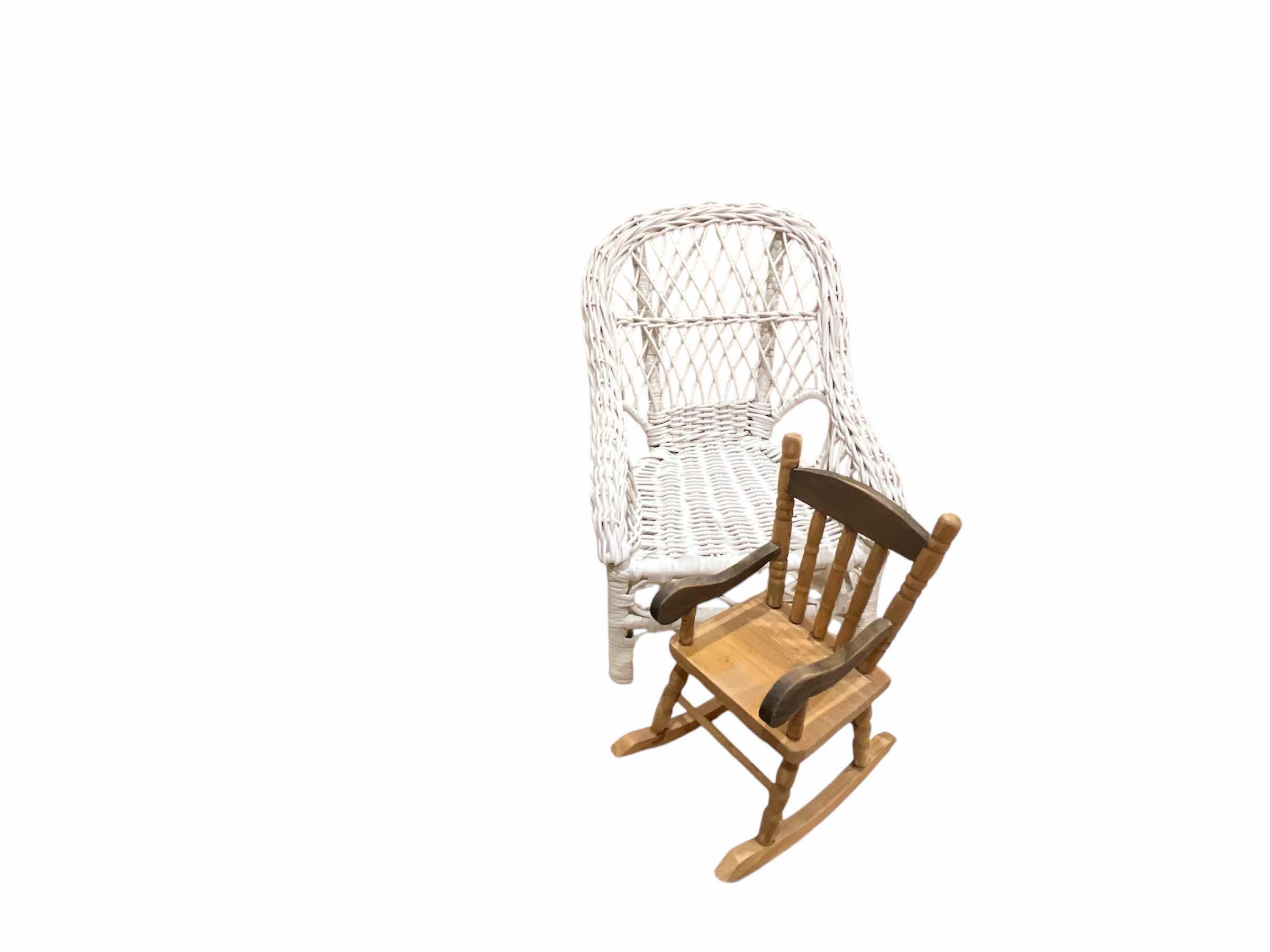 Photo 1 of DOLL FURNITURE - WICKER, WIRE, WOOD - 5 PIECES - TABLE 8”H x 10” DIAM.