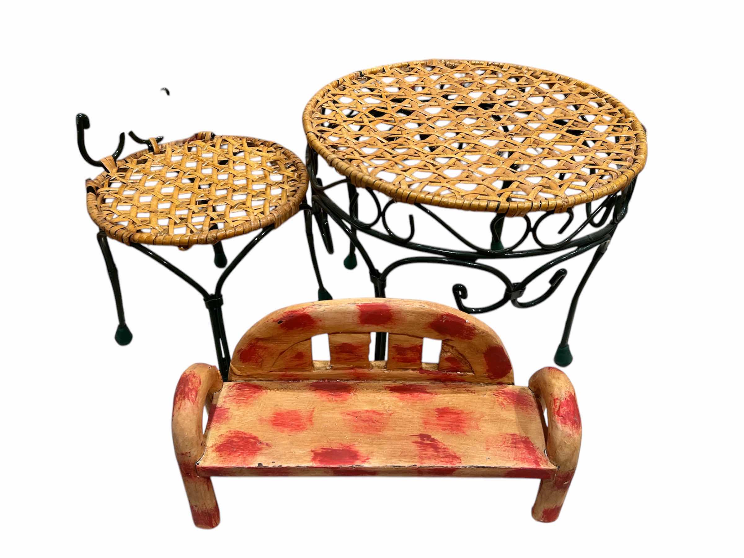 Photo 1 of DOLL FURNITURE - WICKER, WIRE, WOOD - 5 PIECES - TABLE 8”H x 10” DIAM.