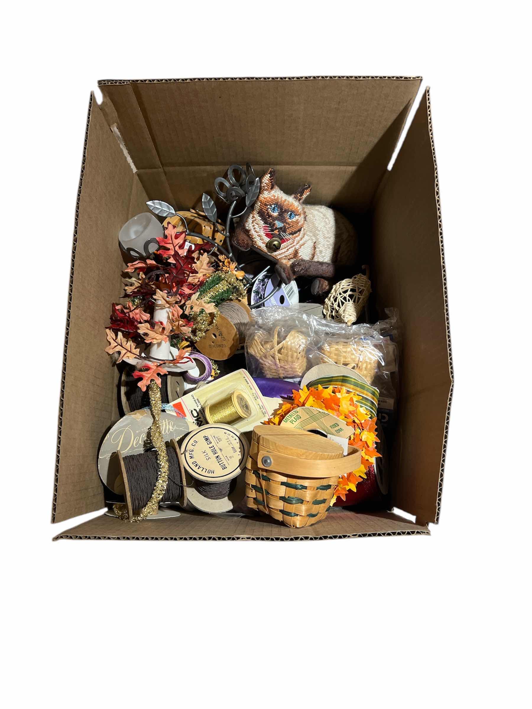 Photo 1 of BOX OF MULTI-MEDIA CRAFTING SUPPLIES - BASKETS - RIBBON - FLORAL AND MORE
