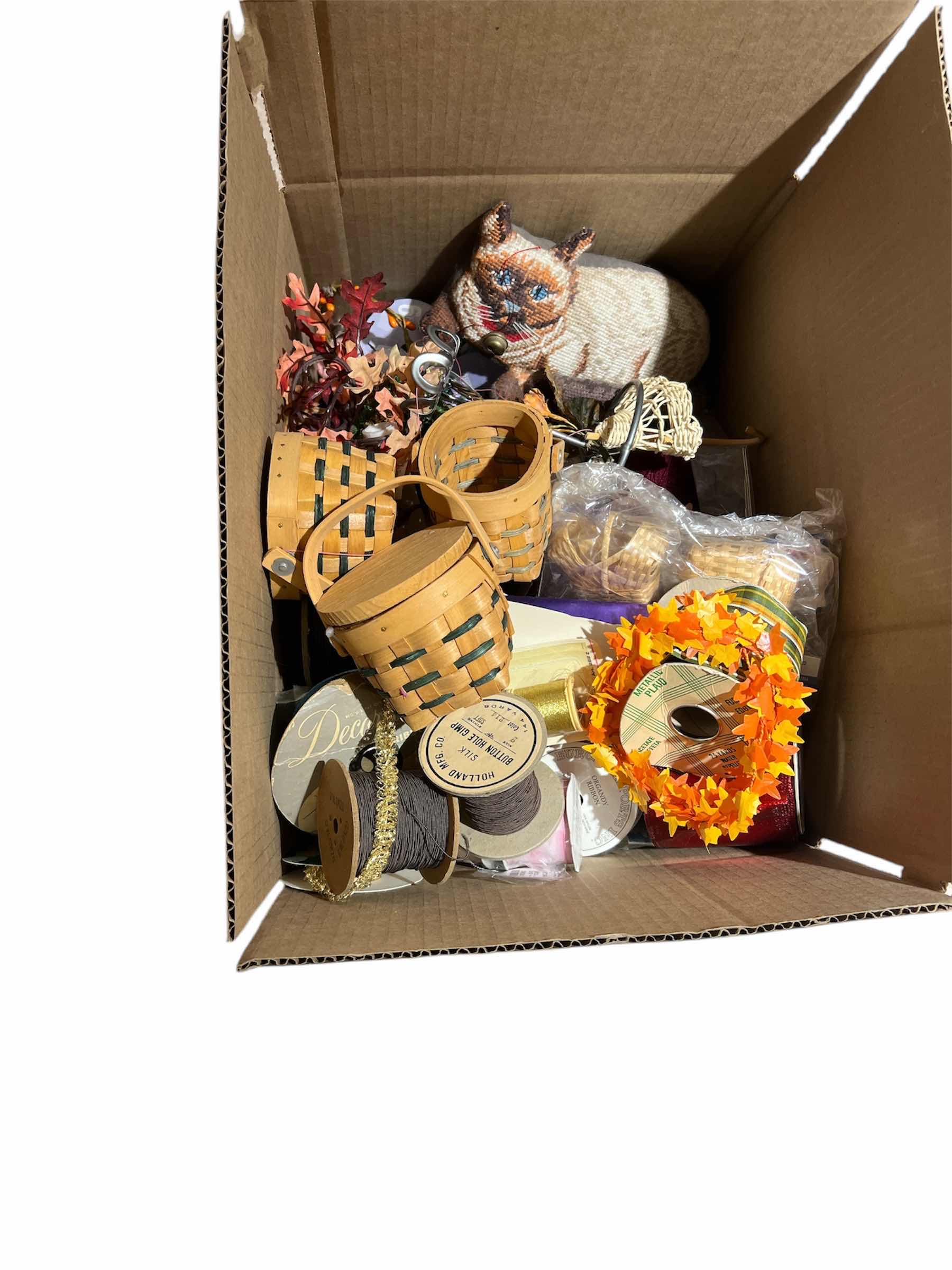 Photo 1 of BOX OF MULTI-MEDIA CRAFTING SUPPLIES - BASKETS - RIBBON - FLORAL AND MORE