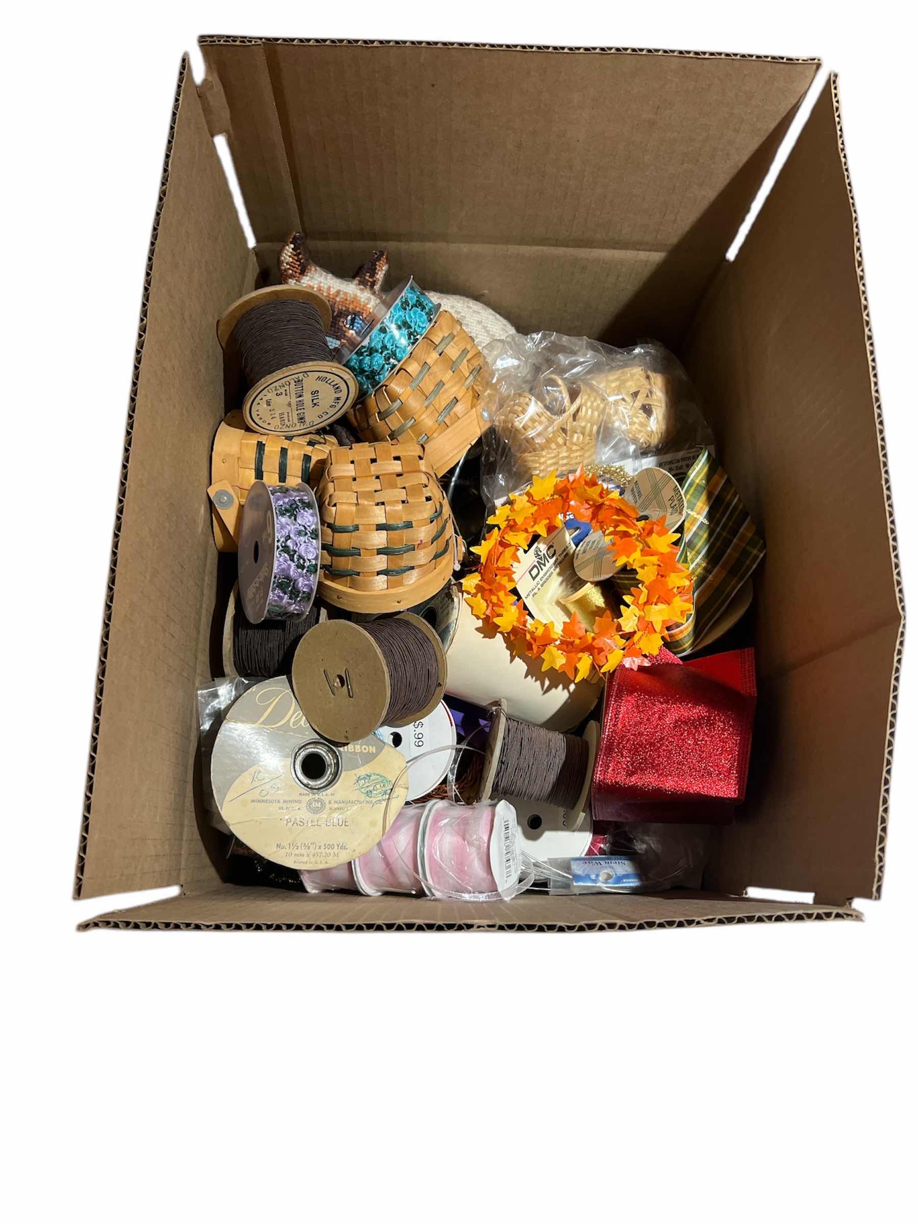 Photo 1 of BOX OF MULTI-MEDIA CRAFTING SUPPLIES - BASKETS - RIBBON - FLORAL AND MORE