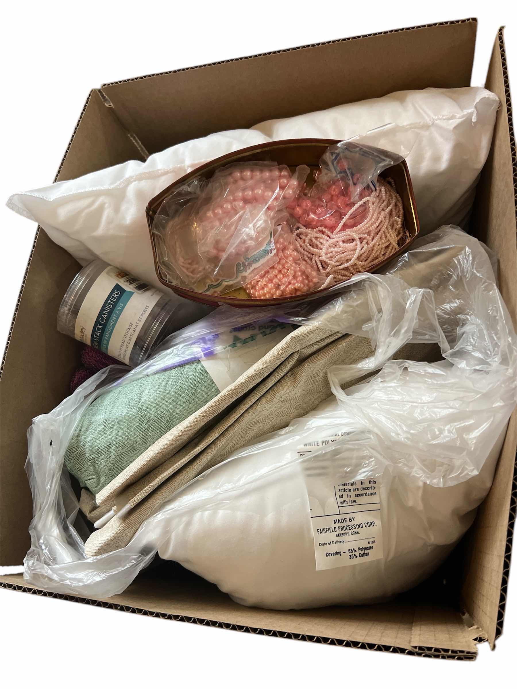 Photo 1 of BOX OF RIBBON, CRAFTING PILLOW FORMS, FABRIC AND FABRIC/EMBROIDERY STABILIZERS AND MORE