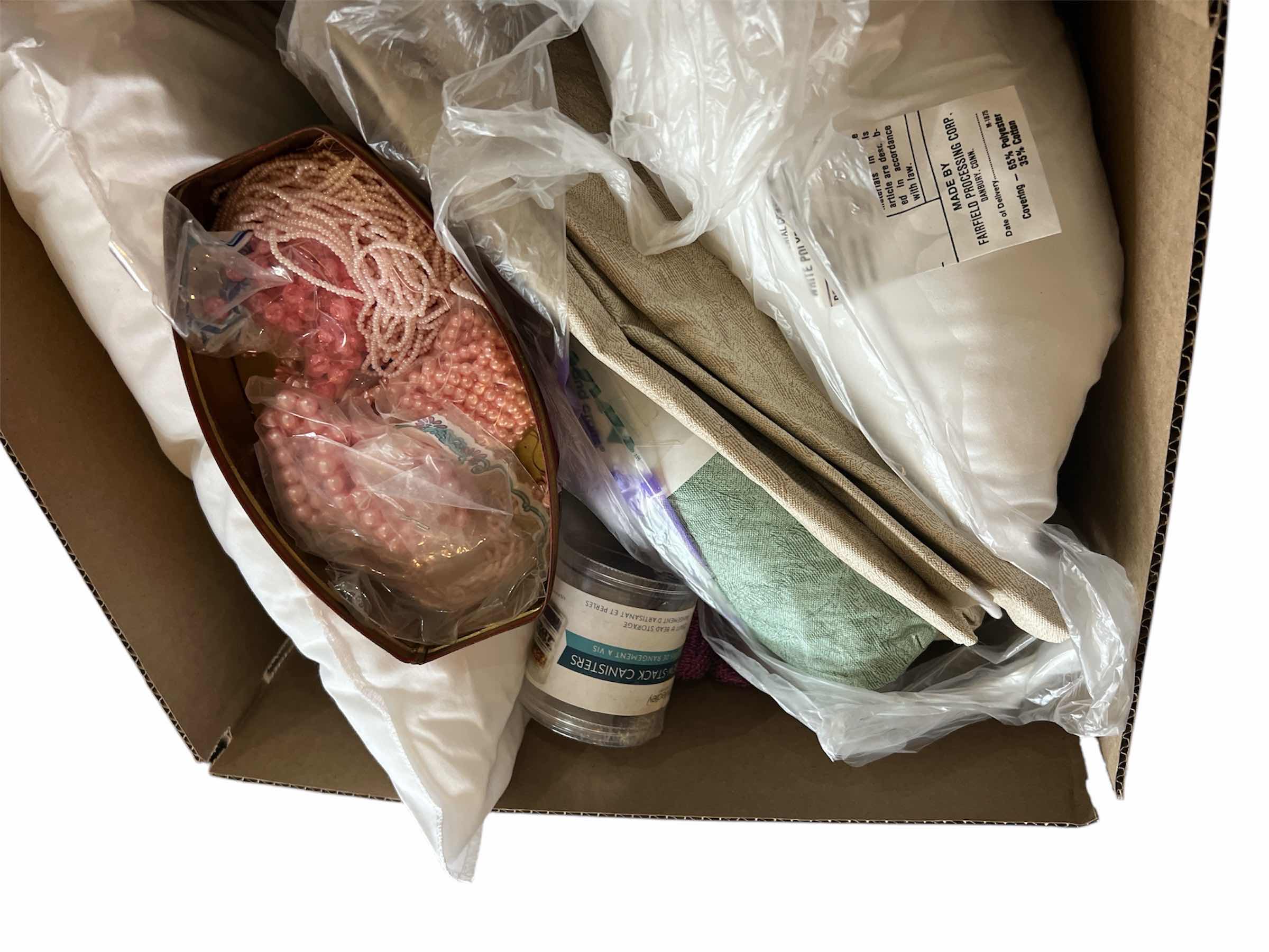 Photo 1 of BOX OF RIBBON, CRAFTING PILLOW FORMS, FABRIC AND FABRIC/EMBROIDERY STABILIZERS AND MORE