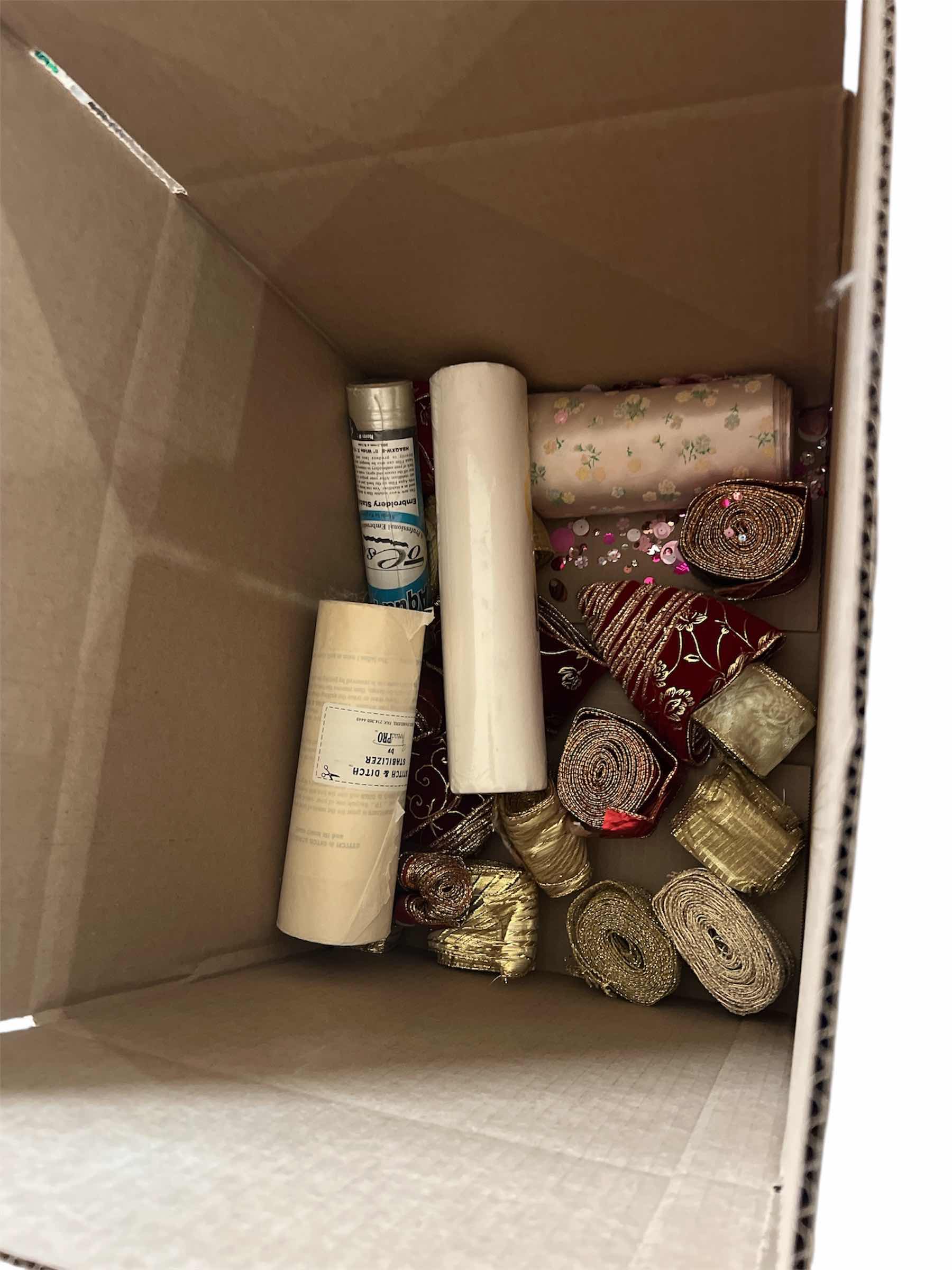 Photo 1 of BOX OF RIBBON, CRAFTING PILLOW FORMS, FABRIC AND FABRIC/EMBROIDERY STABILIZERS AND MORE