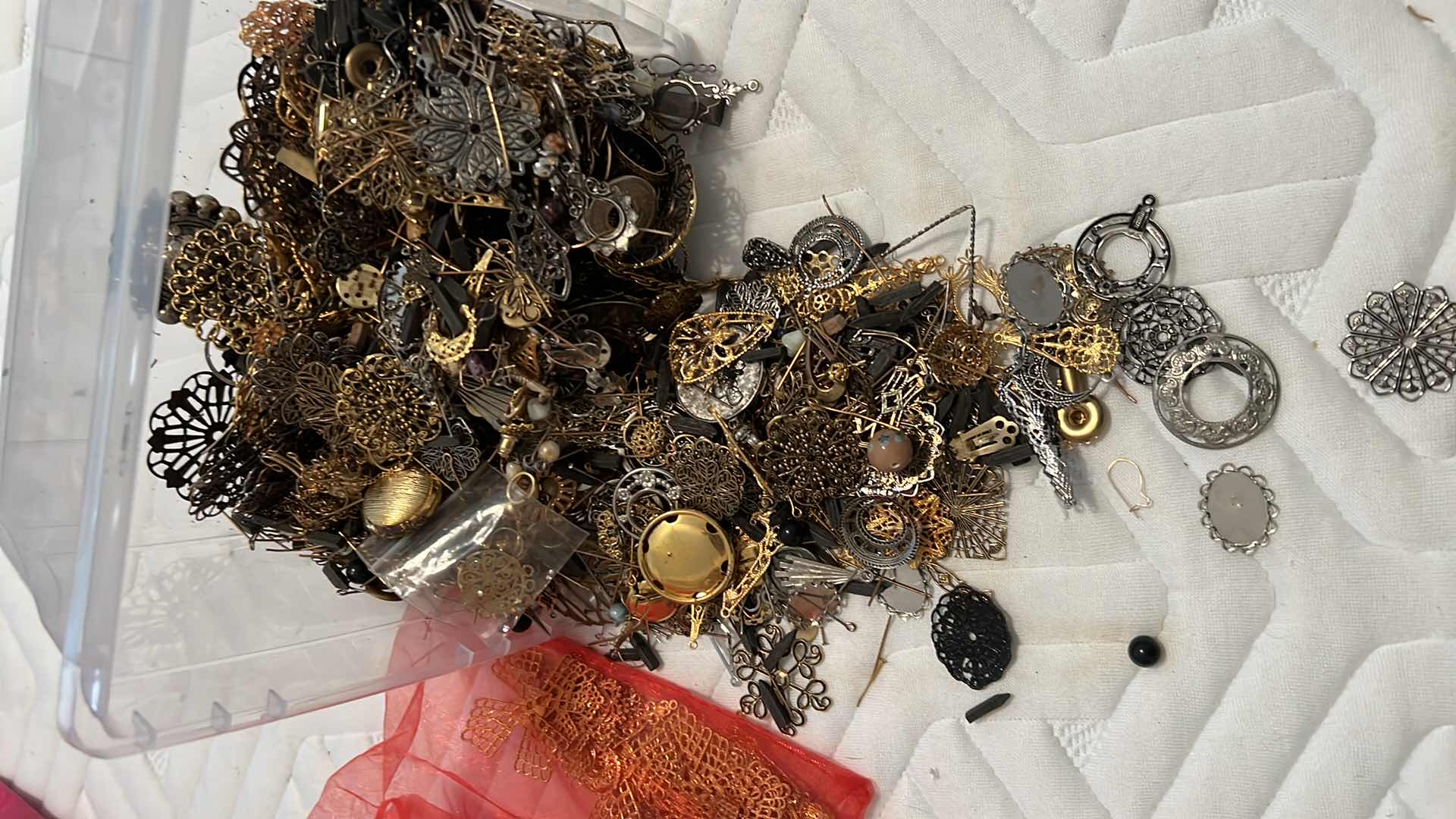Photo 1 of PLASTIC BOX OF METAL JEWELRY MAKING EMBELLISHMENTS AND FINDINGS