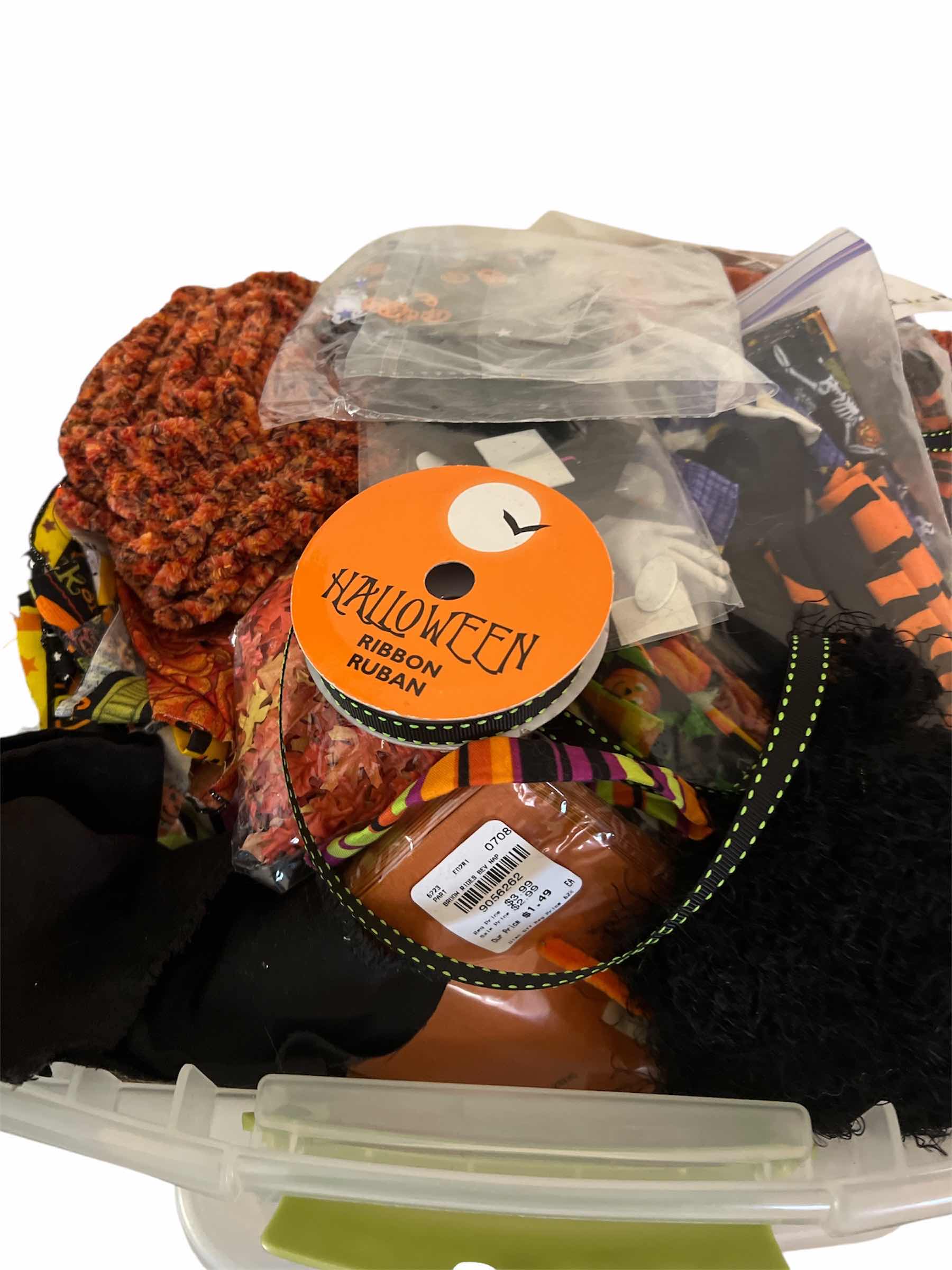 Photo 1 of TOTE OF HALLOWEEN RIBBON, YARN AND CRAFTING SUPPLIES