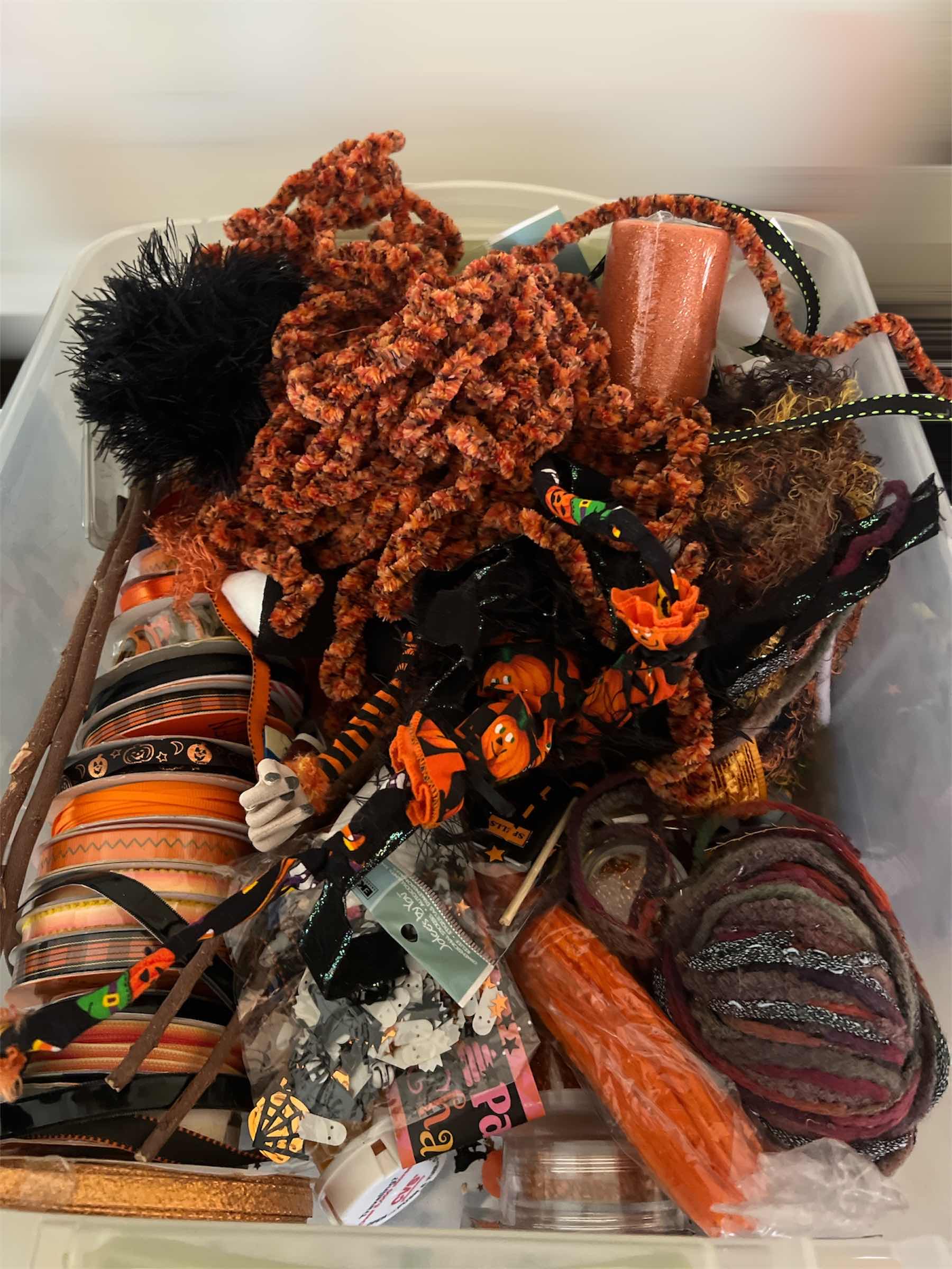 Photo 1 of TOTE OF HALLOWEEN RIBBON, YARN AND CRAFTING SUPPLIES