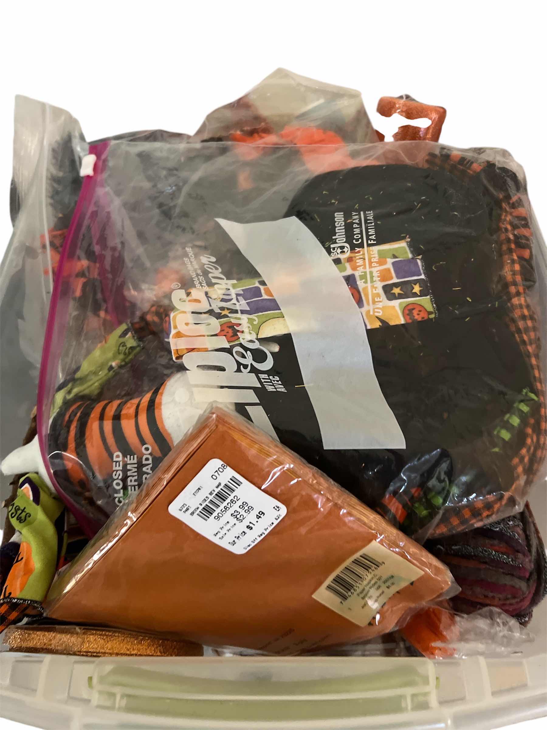 Photo 1 of TOTE OF HALLOWEEN RIBBON, YARN AND CRAFTING SUPPLIES
