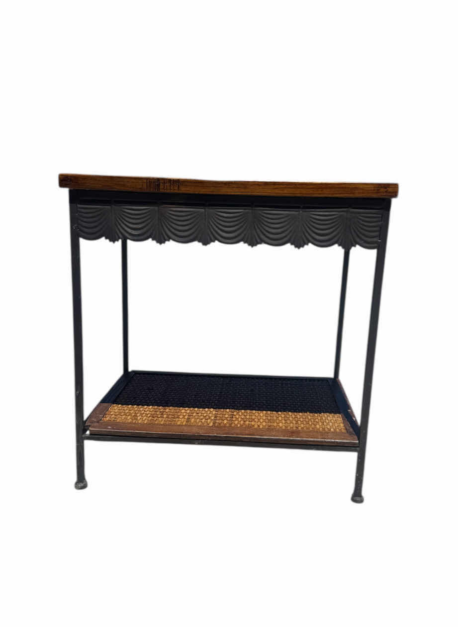 Photo 1 of VINTAGE WICKER WOVEN SCALPED METAL TRIM, IRON TABLE
20.5” X 13.5” XH21”