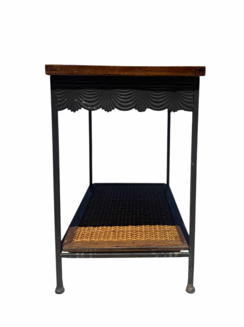 Photo 1 of VINTAGE WICKER WOVEN SCALPED METAL TRIM, IRON TABLE
20.5” X 13.5” XH21”