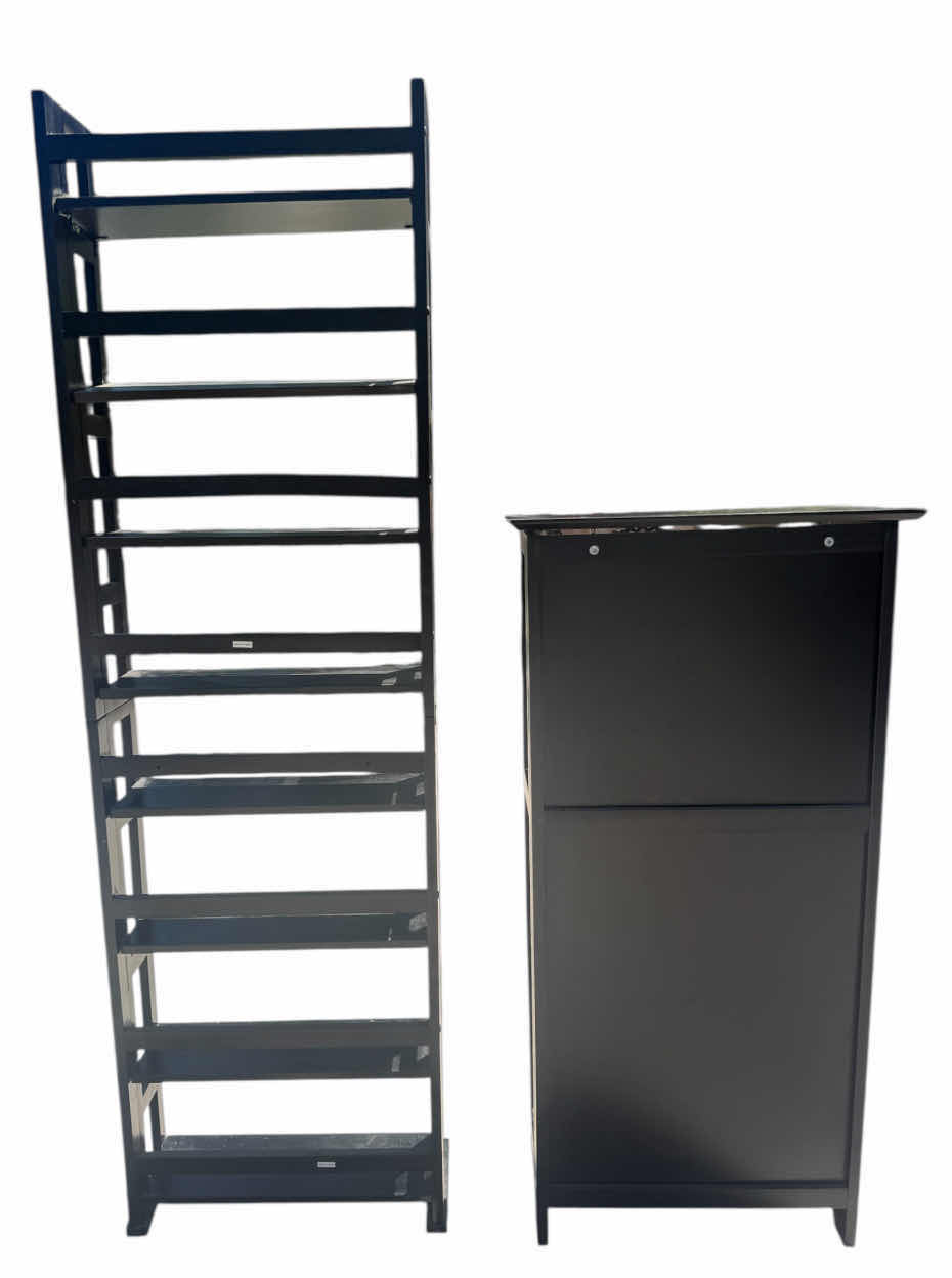 Photo 1 of 2- WOODEN BOOKCASE, WOODEN SHELVES, BLACK
4-TIER SHELF
11.5” X 14” X H49”
8-TIER SHELF
22” X 8” X H73”