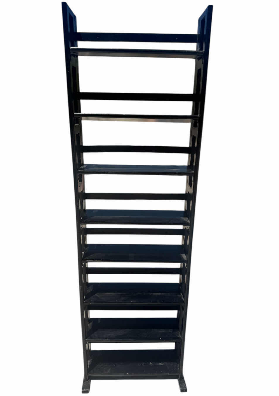Photo 1 of 2- WOODEN BOOKCASE, WOODEN SHELVES, BLACK
4-TIER SHELF
11.5” X 14” X H49”
8-TIER SHELF
22” X 8” X H73”