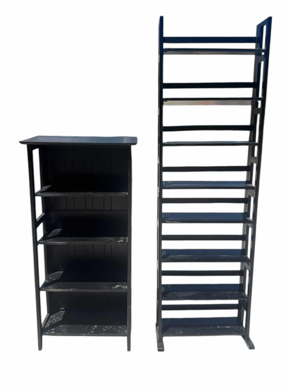 Photo 1 of 2- WOODEN BOOKCASE, WOODEN SHELVES, BLACK
4-TIER SHELF
11.5” X 14” X H49”
8-TIER SHELF
22” X 8” X H73”